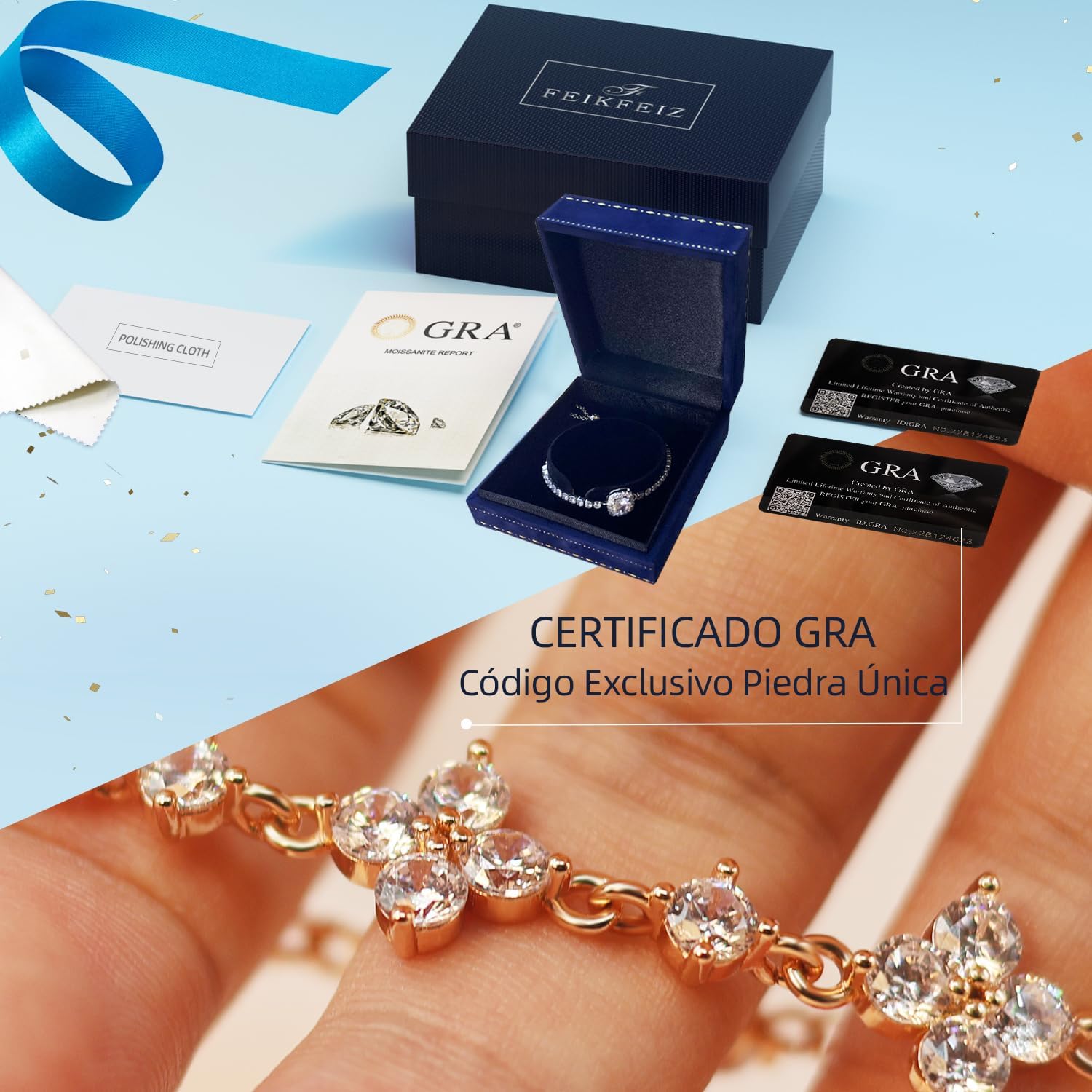 Imagen de Pulsera FEIKFEIZ de moissanita, con diamante moissanita cultivado en laboratorio, chapado en oro rosado 18K, pulsera de trébol ajustable, regalo para mujer.