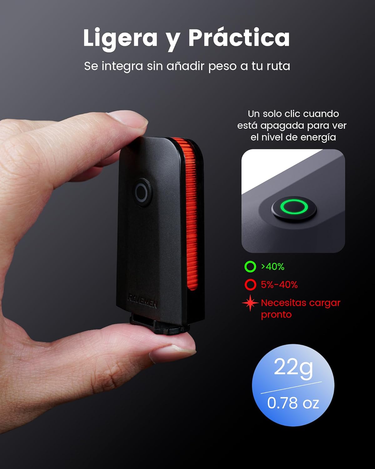 Imagen de RAVEMEN CL01 30 Lúmenes Inteligente Luces Trasera para Bicicleta, Gran Angular de 300° para Ciclismo Nocturno por Carretera o Conducción en Ciudad Detección de Freno 5 Modos Detección de Freno
