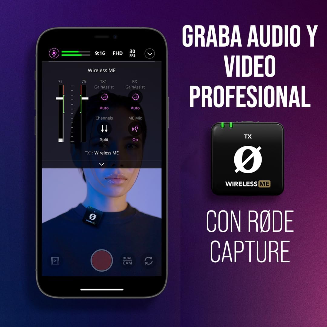 Imagen de RØDE Sistema de microfonía inalámbrica ultracompacto Wireless ME con micrófonos Integrados, tecnología GainAssist y 100m de Alcance para filmaciones, entrevistas y creación de contenidos