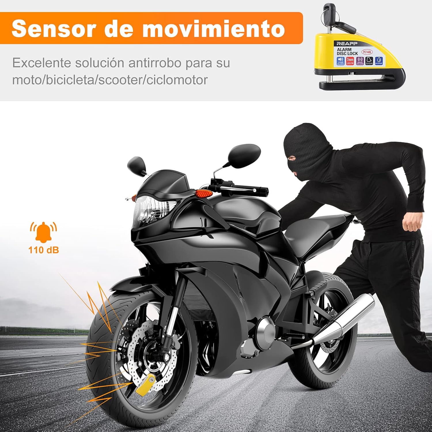 Imagen de REAPP Candado Moto Disco con Alarma 110 DB, Antirrobo Moto Freno 7mm con Accesorios 1.5m Cable Recordatorio y Candado Bolsa, Pinza Moto Antirrobo para Motocicletas Bicicleta