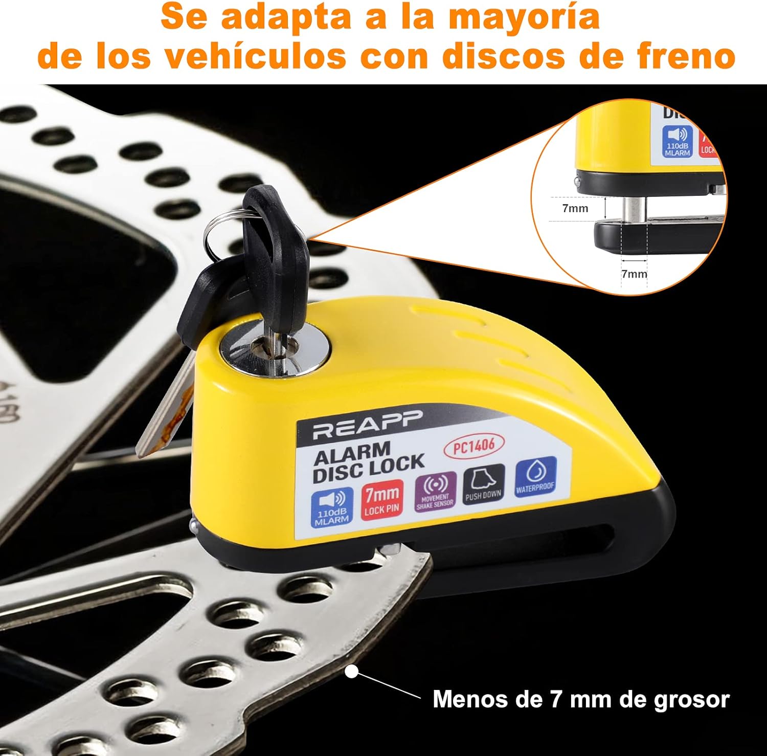 Imagen de REAPP Candado Moto Disco con Alarma 110 DB, Antirrobo Moto Freno 7mm con Accesorios 1.5m Cable Recordatorio y Candado Bolsa, Pinza Moto Antirrobo para Motocicletas Bicicleta