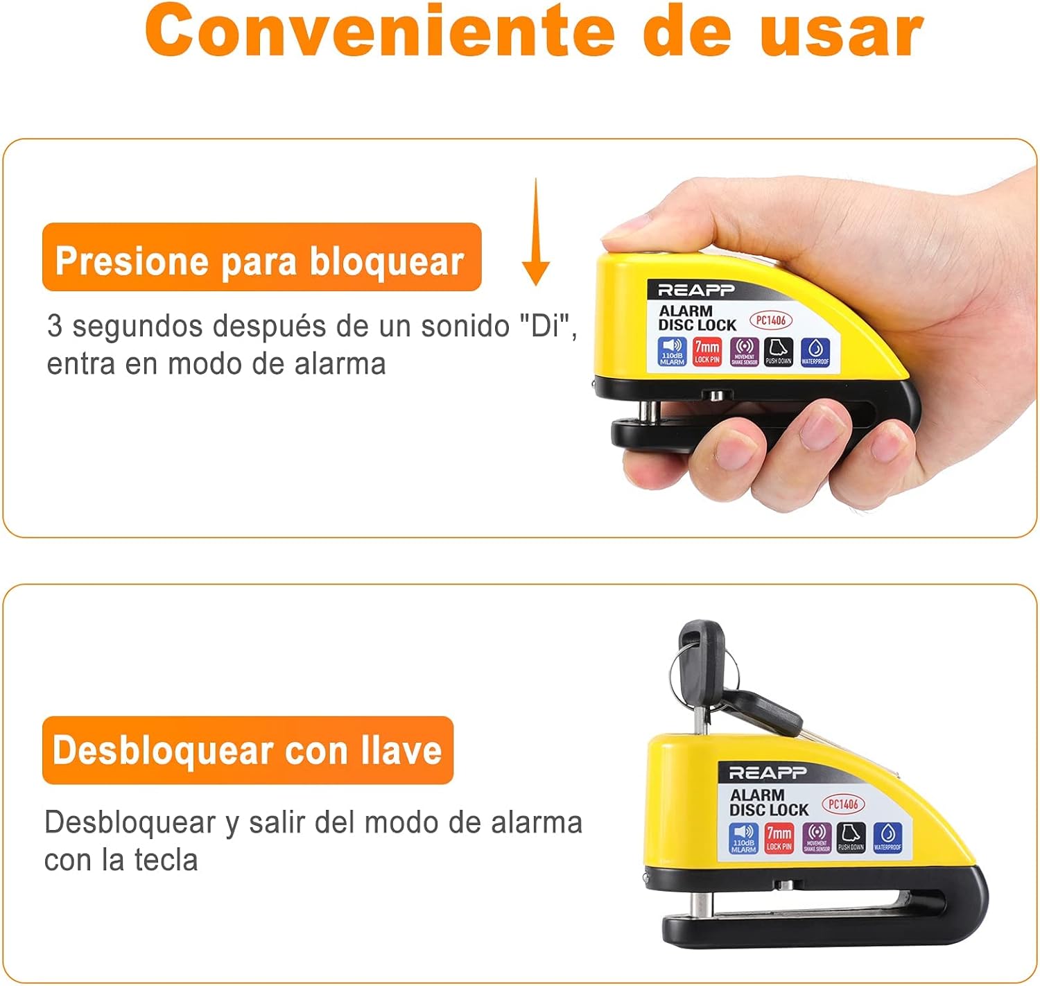 Imagen de REAPP Candado Moto Disco con Alarma 110 DB, Antirrobo Moto Freno 7mm con Accesorios 1.5m Cable Recordatorio y Candado Bolsa, Pinza Moto Antirrobo para Motocicletas Bicicleta