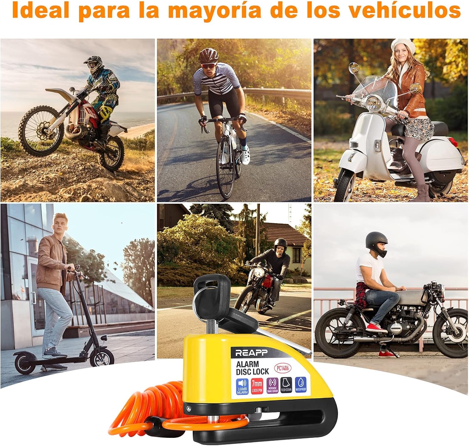 Imagen de REAPP Candado Moto Disco con Alarma 110 DB, Antirrobo Moto Freno 7mm con Accesorios 1.5m Cable Recordatorio y Candado Bolsa, Pinza Moto Antirrobo para Motocicletas Bicicleta