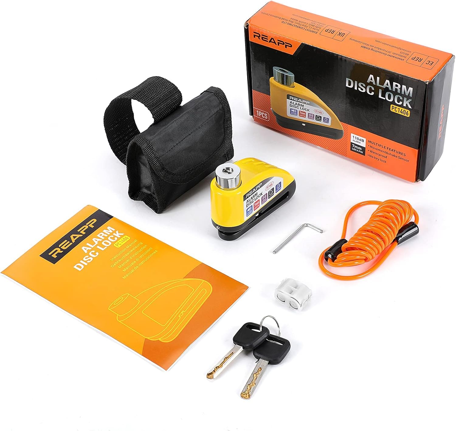 Imagen de REAPP Candado Moto Disco con Alarma 110 DB, Antirrobo Moto Freno 7mm con Accesorios 1.5m Cable Recordatorio y Candado Bolsa, Pinza Moto Antirrobo para Motocicletas Bicicleta