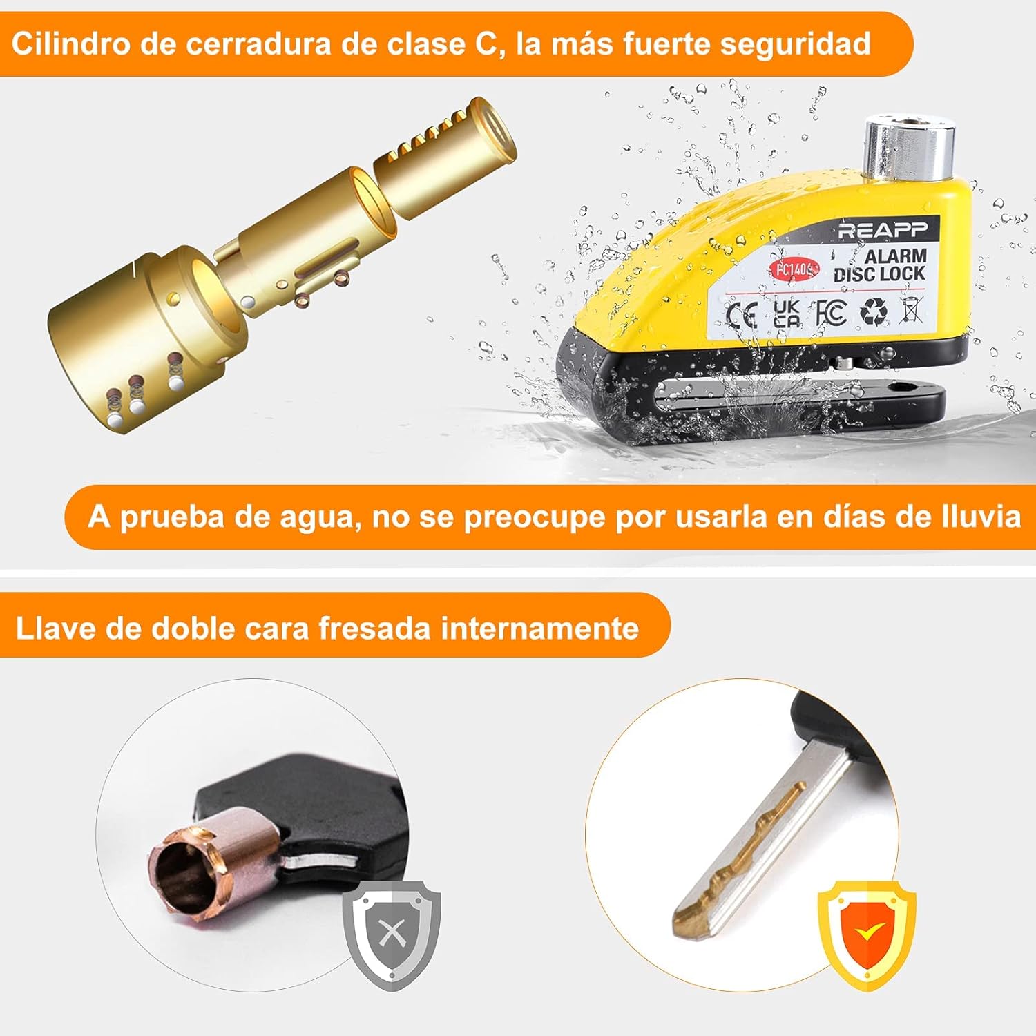 Imagen de REAPP Candado Moto Disco con Alarma 110 DB, Antirrobo Moto Freno 7mm con Accesorios 1.5m Cable Recordatorio y Candado Bolsa, Pinza Moto Antirrobo para Motocicletas Bicicleta