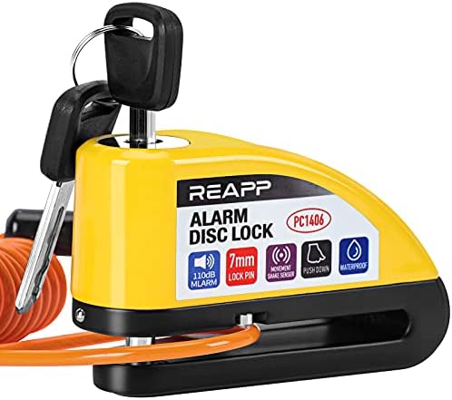 Imagen de REAPP Candado Moto Disco con Alarma 110 DB, Antirrobo Moto Freno 7mm con Accesorios 1.5m Cable Recordatorio y Candado Bolsa, Pinza Moto Antirrobo para Motocicletas Bicicleta