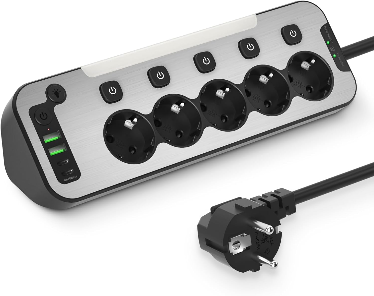 Regleta Enchufes Esquina con USB C,5 Tomas Enchufe