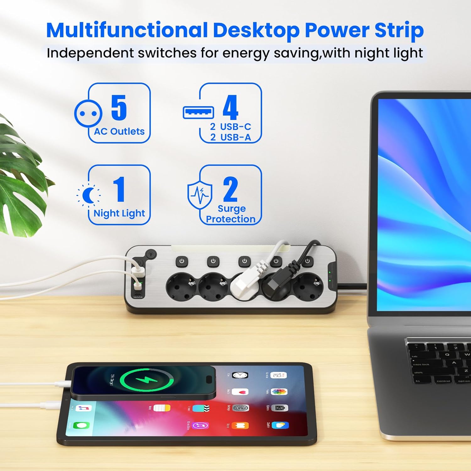 Imagen de Regleta Enchufes Esquina con USB C,5 Tomas Enchufe Multiple Proteccion Sobretension,Ladron Interruptore Individuale,Regleta Escritorio Panel Frontal de Metal Encimera Cocina Alargador 2M Cable,Negro