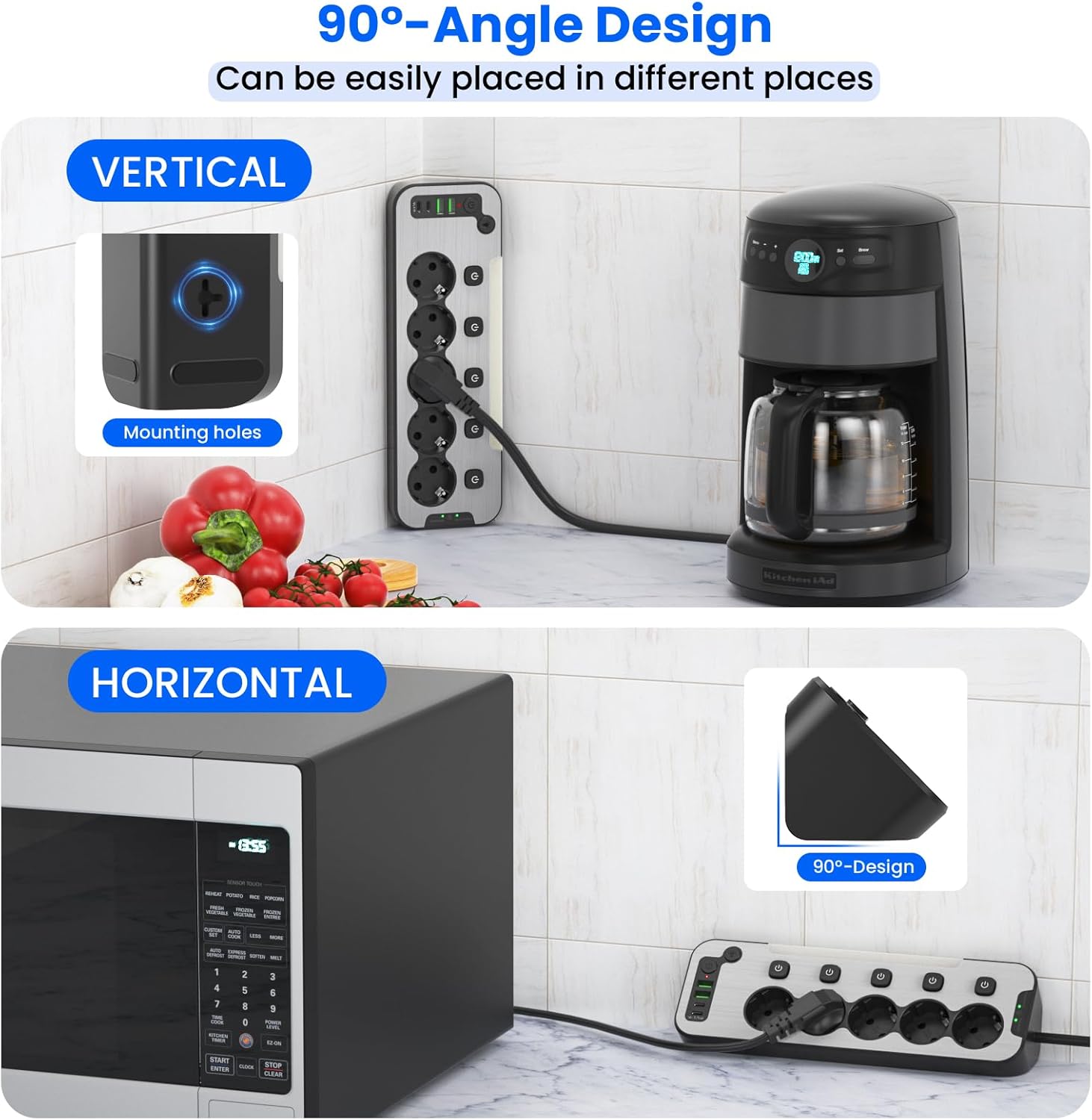 Imagen de Regleta Enchufes Esquina con USB C,5 Tomas Enchufe Multiple Proteccion Sobretension,Ladron Interruptore Individuale,Regleta Escritorio Panel Frontal de Metal Encimera Cocina Alargador 2M Cable,Negro