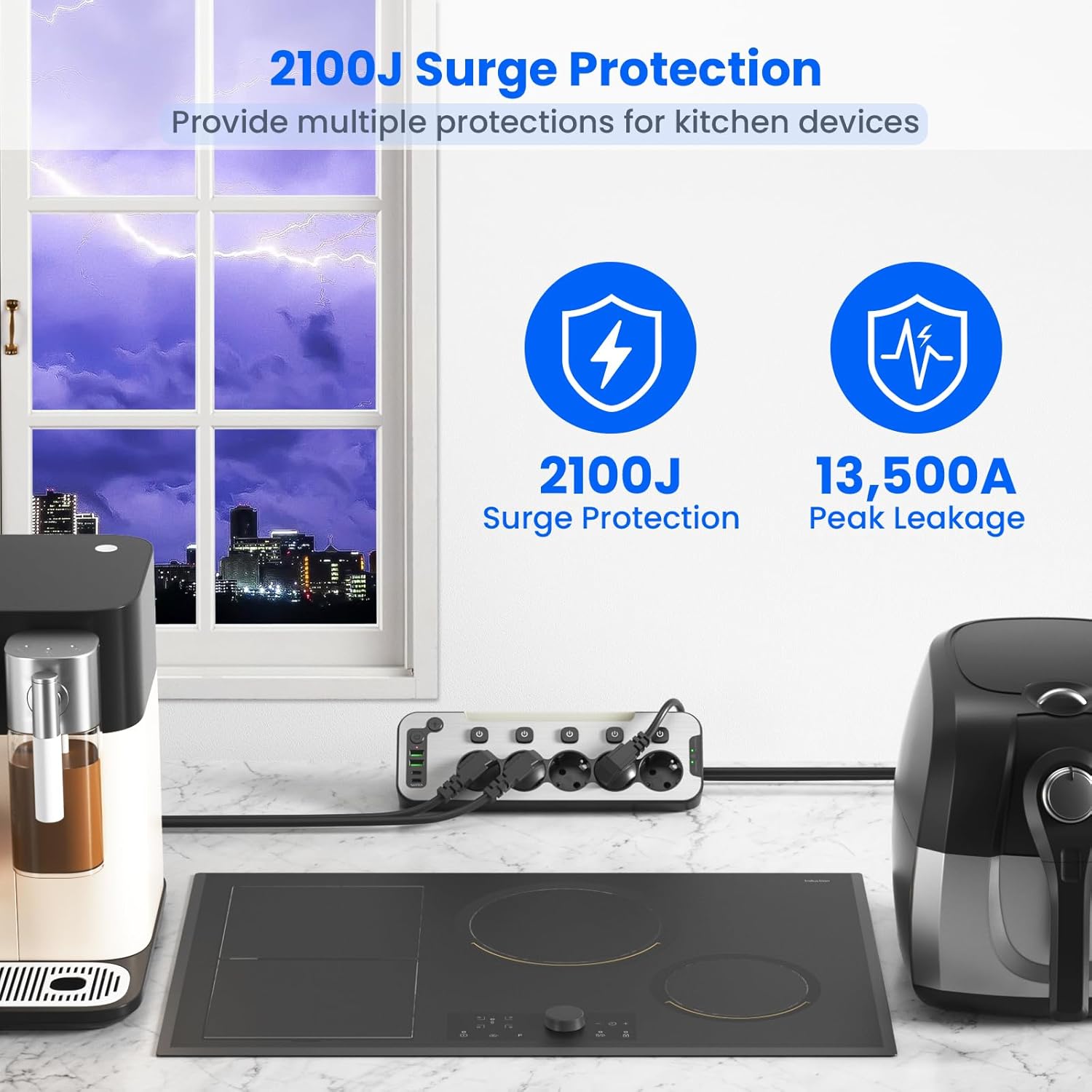 Imagen de Regleta Enchufes Esquina con USB C,5 Tomas Enchufe Multiple Proteccion Sobretension,Ladron Interruptore Individuale,Regleta Escritorio Panel Frontal de Metal Encimera Cocina Alargador 2M Cable,Negro