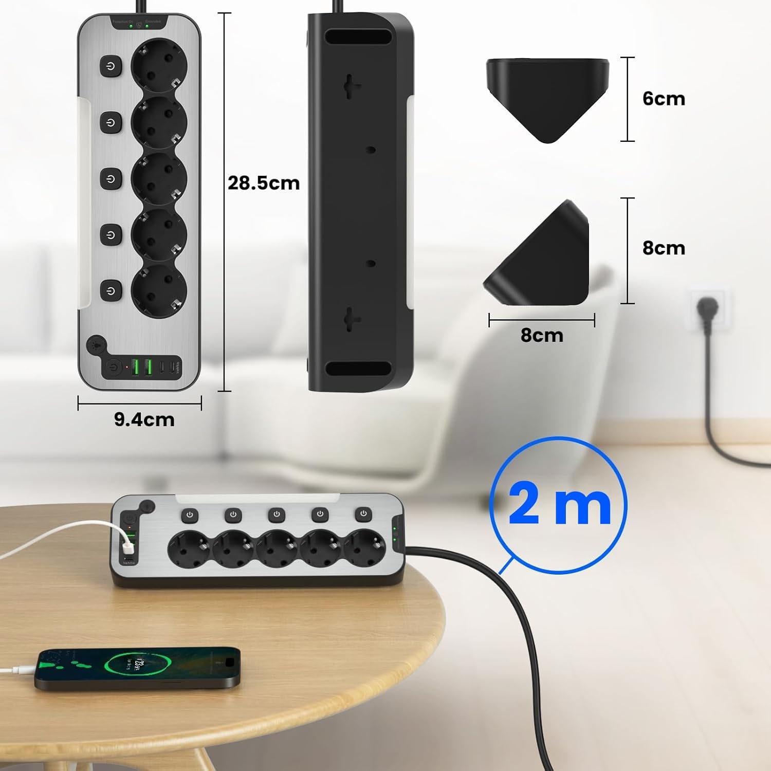 Imagen de Regleta Enchufes Esquina con USB C,5 Tomas Enchufe Multiple Proteccion Sobretension,Ladron Interruptore Individuale,Regleta Escritorio Panel Frontal de Metal Encimera Cocina Alargador 2M Cable,Negro