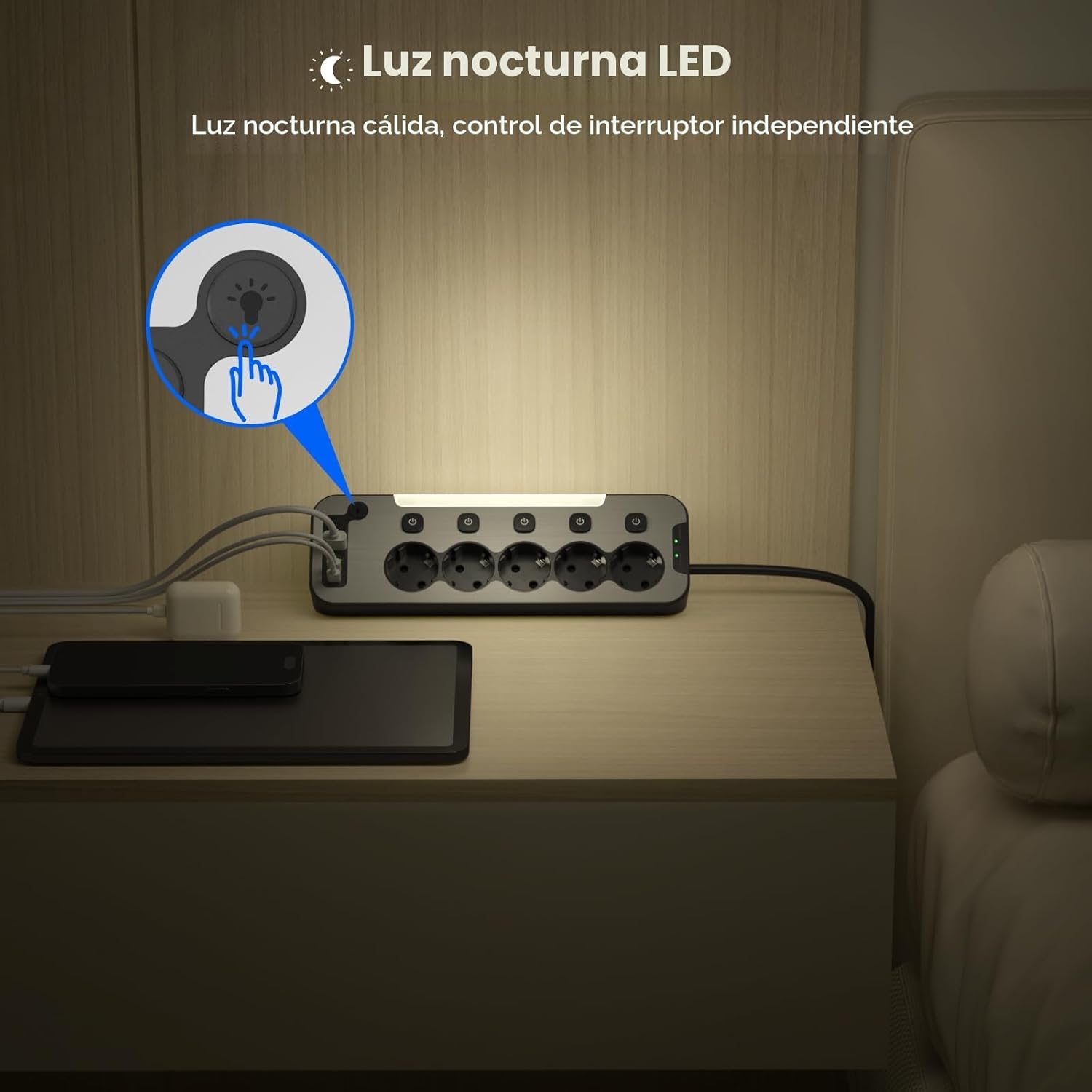 Imagen de Regleta Enchufes Esquina con USB C,5 Tomas Enchufe Multiple Proteccion Sobretension,Ladron Interruptore Individuale,Regleta Escritorio Panel Frontal de Metal Encimera Cocina Alargador 2M Cable,Negro