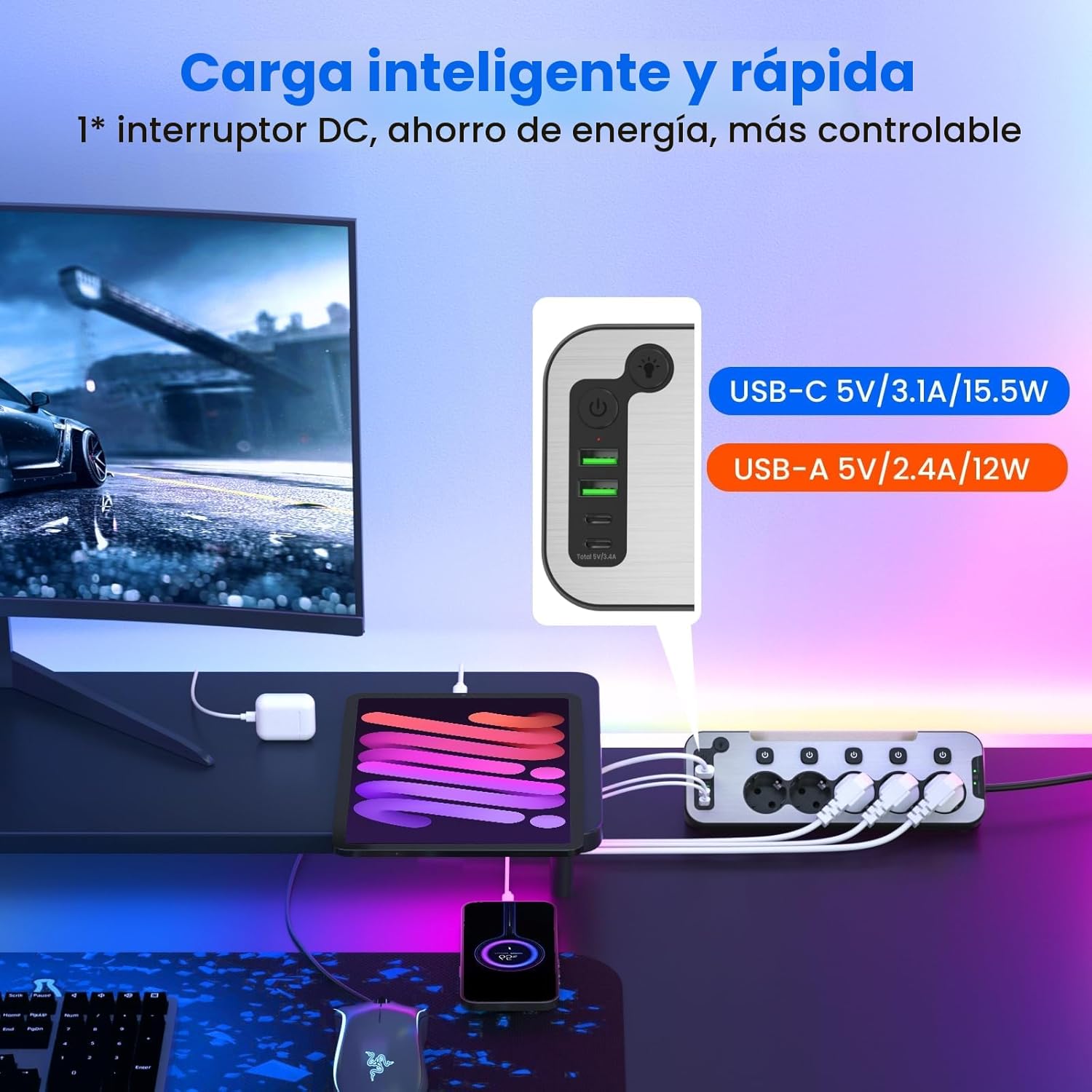 Imagen de Regleta Enchufes Esquina con USB C,5 Tomas Enchufe Multiple Proteccion Sobretension,Ladron Interruptore Individuale,Regleta Escritorio Panel Frontal de Metal Encimera Cocina Alargador 2M Cable,Negro