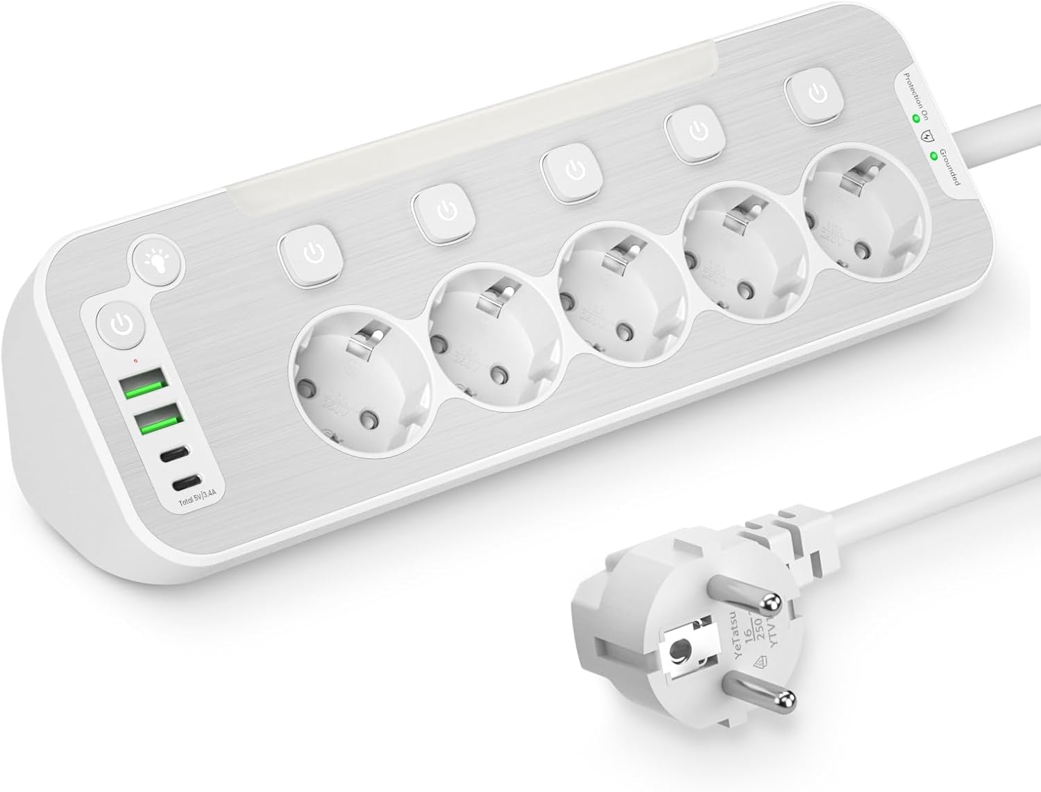 Imagen de Regleta Enchufes Esquina con USB C,5 Tomas Enchufe Multiple Proteccion Sobretension,Ladron Interruptore Individuale,Regleta Escritorio Panel Frontal de Metal Encimera Cocina Alargador 2M Cable,Negro
