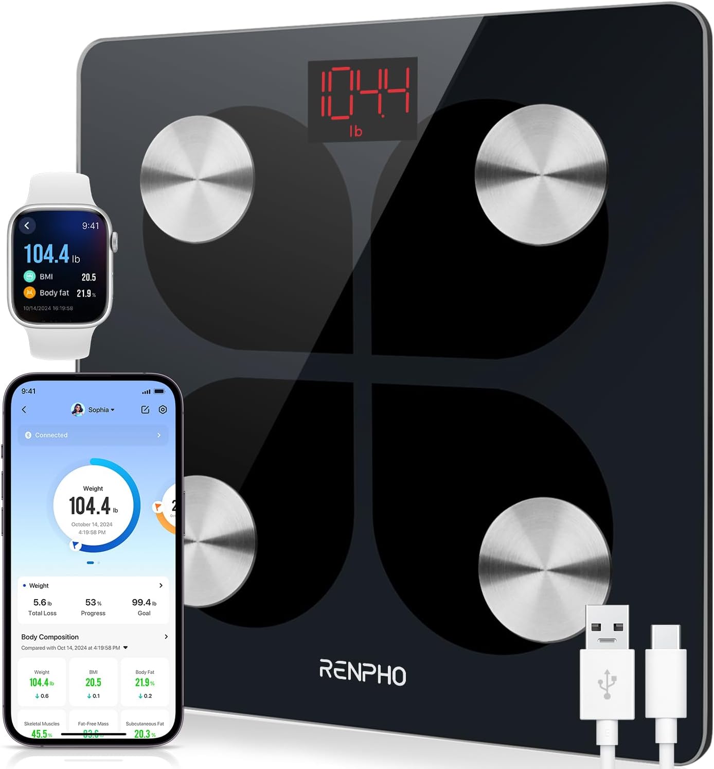 Imagen de RENPHO Báscula de Peso Corporal, Báscula de Baño Inteligente de 8 Electrodos con IMC, Masa Muscular, Seguimiento Fitness, Monitor de Composición Corporal de Alta Precisión, MorphoScan Base