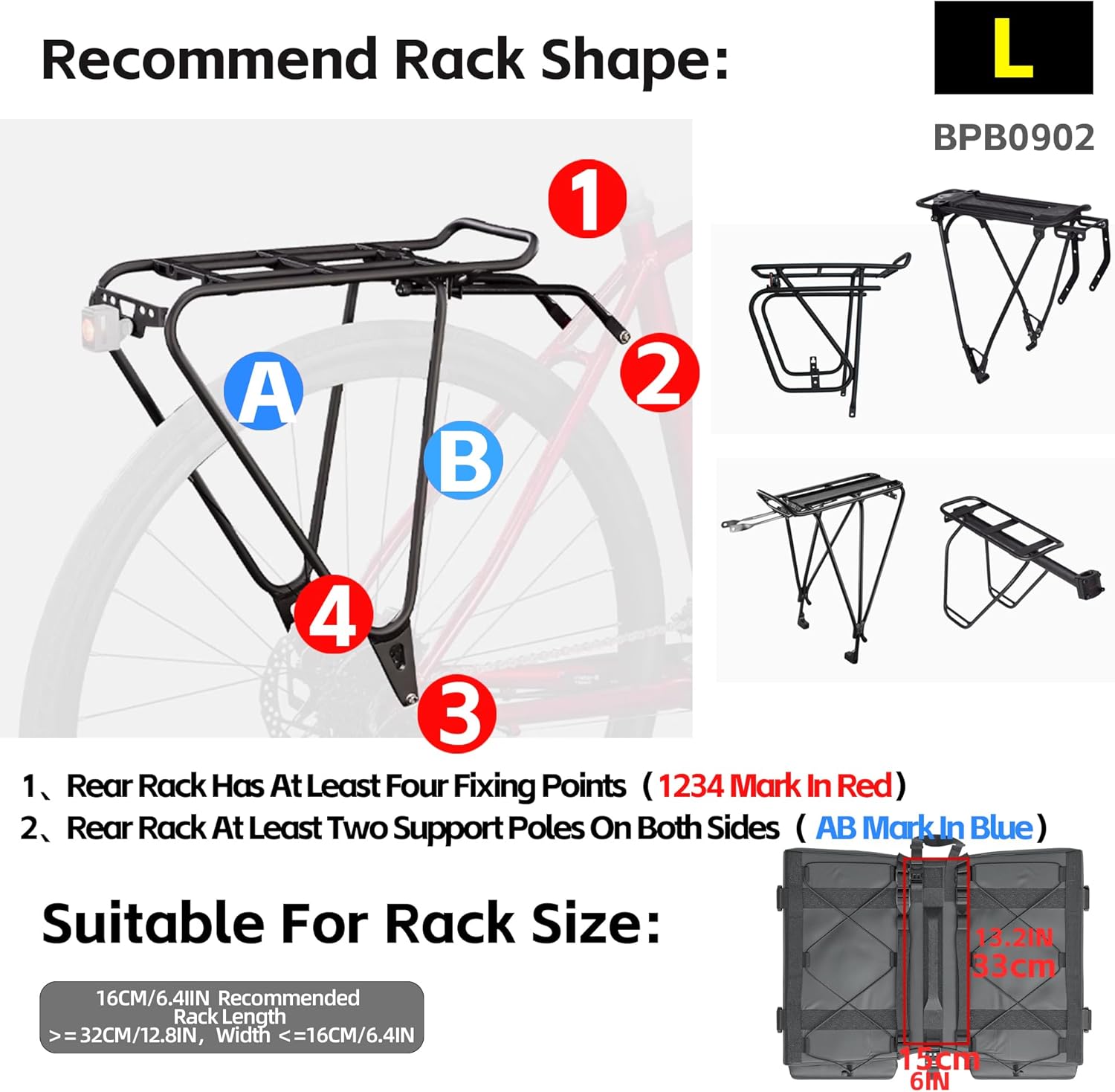 Imagen de Rhinowalk Bolsa de alforja para bicicleta, 40 L, doble alforja, asa de transporte con ribete reflectante, accesorios de ciclismo profesionales, color negro