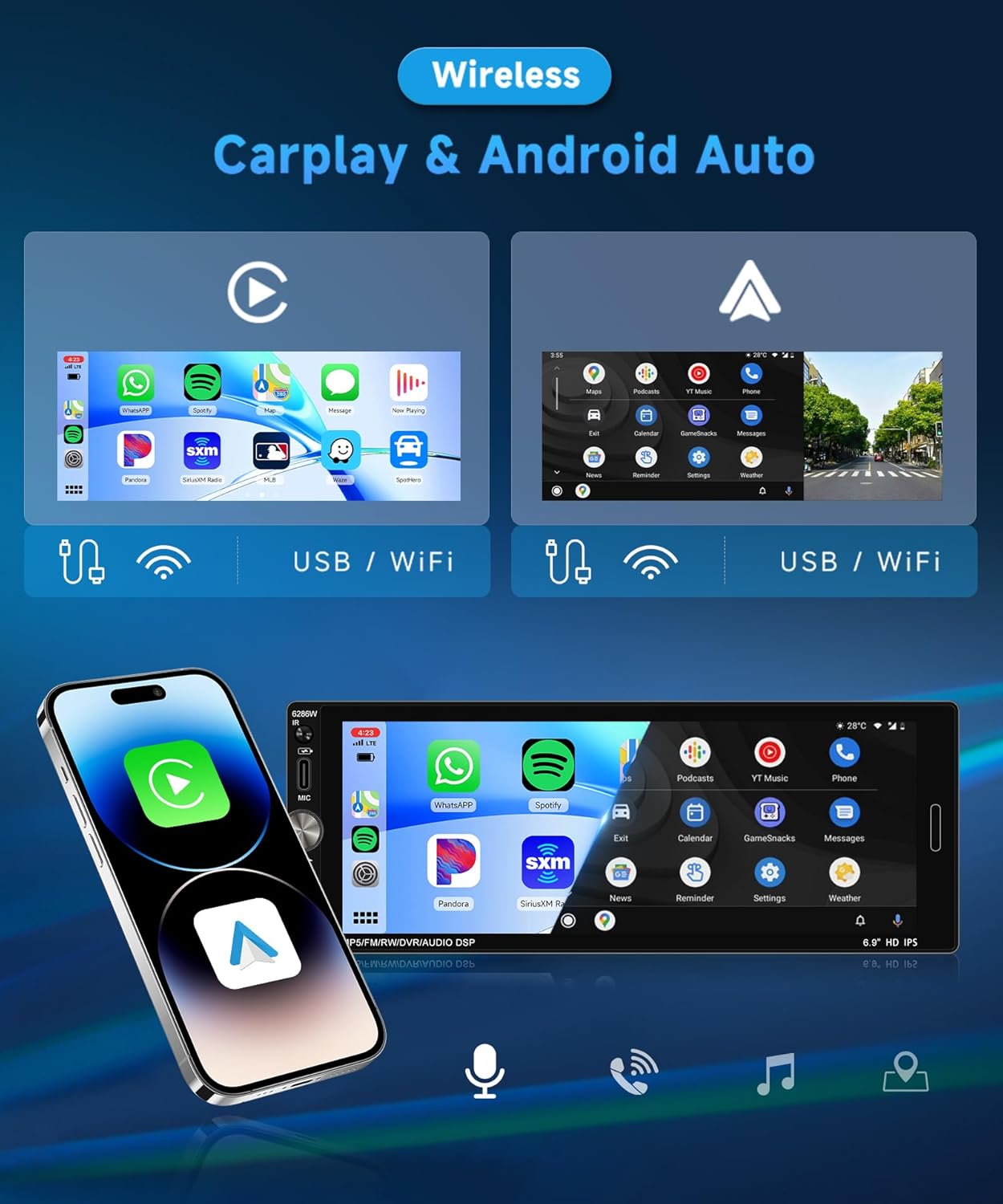 Imagen de Rimoody Wireless Carplay Radio de Coche 1 DIN con 6.9 Pulgadas IPS Pantalla para Coche con Bluetooth Manos Libres FM Tipo C USB EQ Control del Volante Cámara Trasera