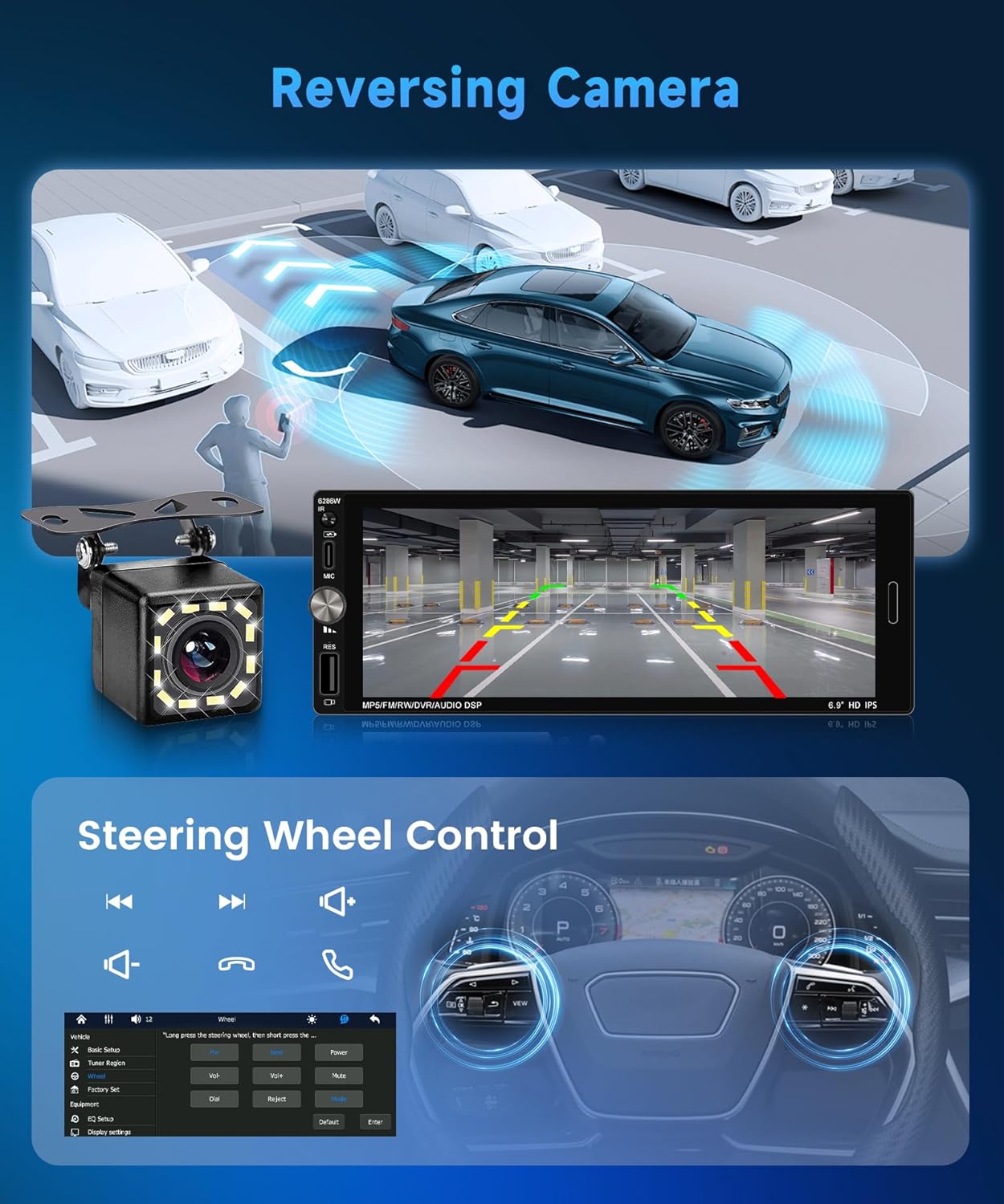 Imagen de Rimoody Wireless Carplay Radio de Coche 1 DIN con 6.9 Pulgadas IPS Pantalla para Coche con Bluetooth Manos Libres FM Tipo C USB EQ Control del Volante Cámara Trasera