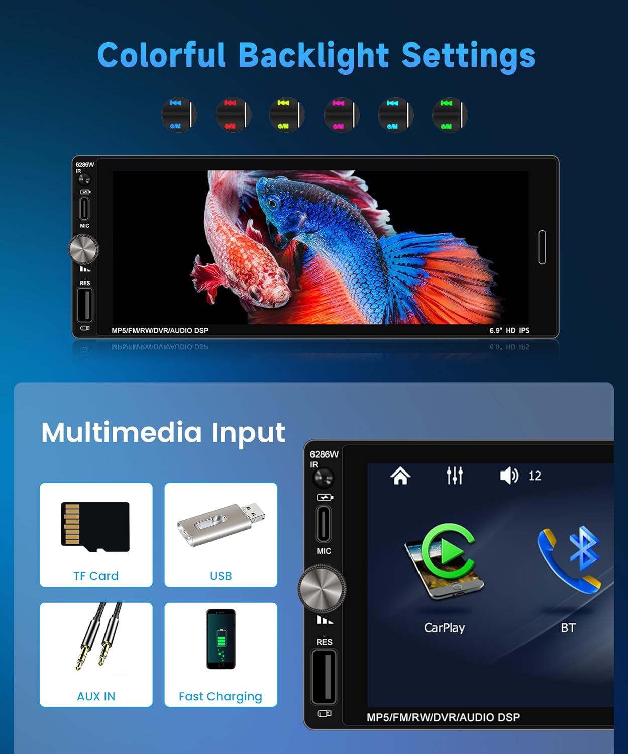 Imagen de Rimoody Wireless Carplay Radio de Coche 1 DIN con 6.9 Pulgadas IPS Pantalla para Coche con Bluetooth Manos Libres FM Tipo C USB EQ Control del Volante Cámara Trasera