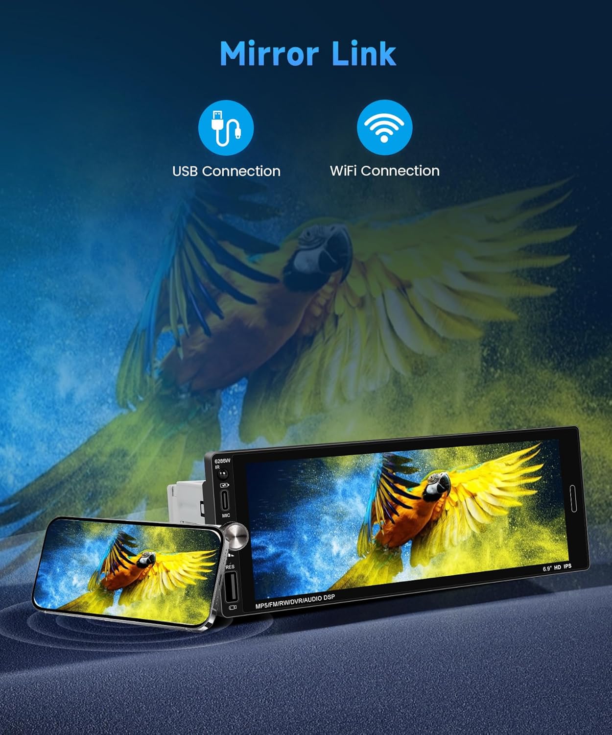 Imagen de Rimoody Wireless Carplay Radio de Coche 1 DIN con 6.9 Pulgadas IPS Pantalla para Coche con Bluetooth Manos Libres FM Tipo C USB EQ Control del Volante Cámara Trasera