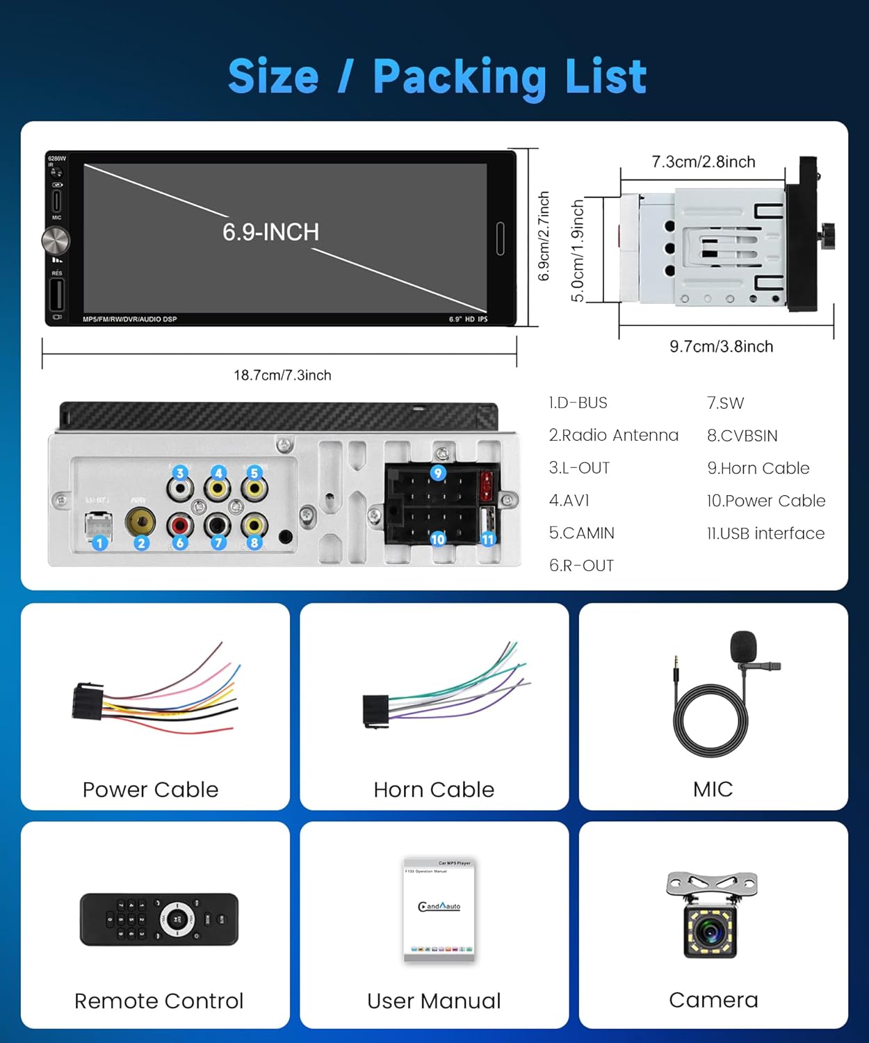 Imagen de Rimoody Wireless Carplay Radio de Coche 1 DIN con 6.9 Pulgadas IPS Pantalla para Coche con Bluetooth Manos Libres FM Tipo C USB EQ Control del Volante Cámara Trasera