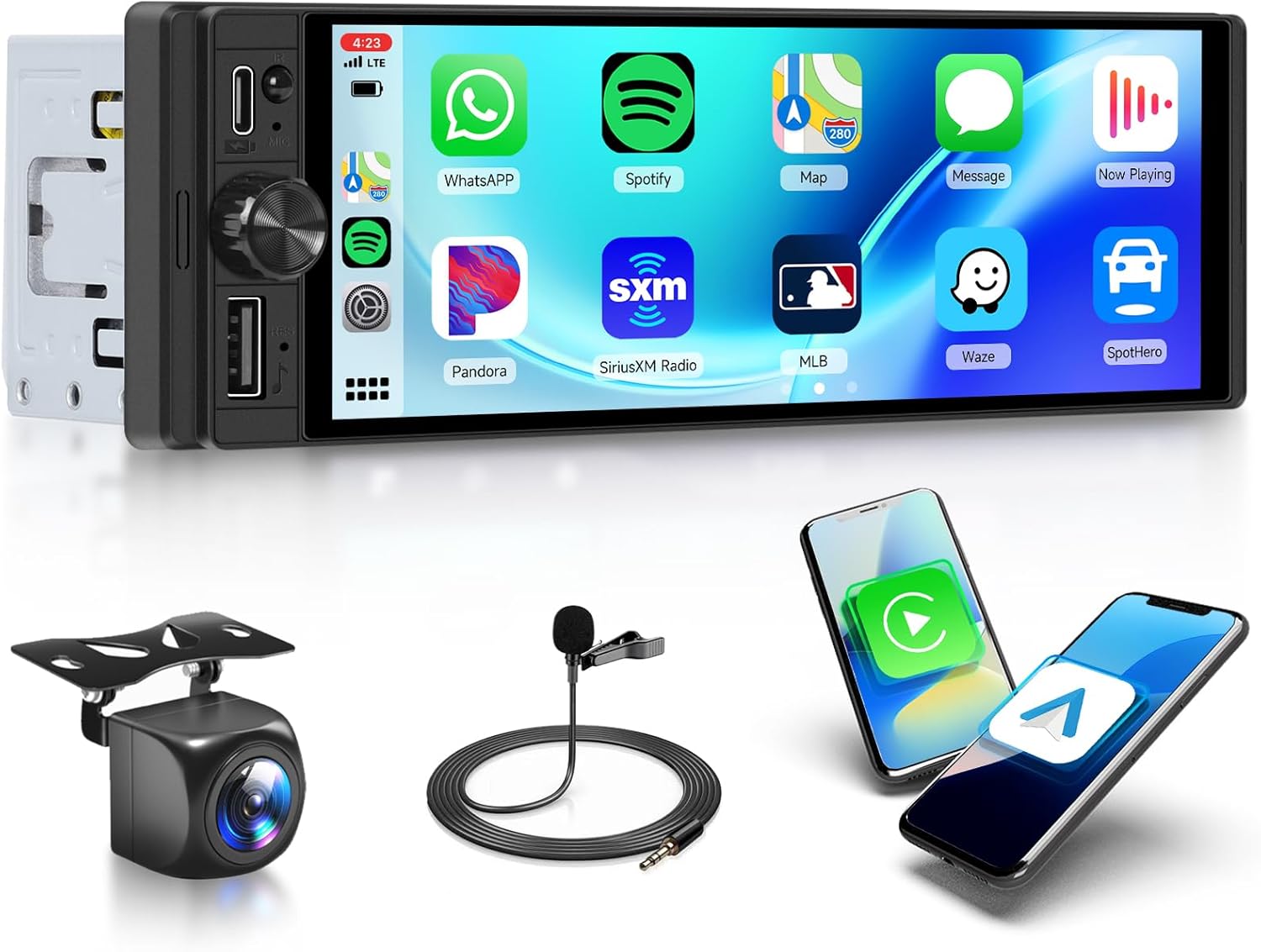 Imagen de Rimoody Wireless Carplay Radio de Coche 1 DIN con 6.9 Pulgadas IPS Pantalla para Coche con Bluetooth Manos Libres FM Tipo C USB EQ Control del Volante Cámara Trasera