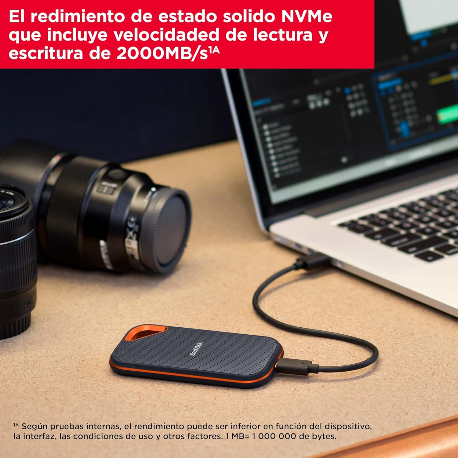 Imagen de SanDisk Extreme PRO SSD Externo Portátil 1 TB (Disco duro externo SSD con velodidad de lectura e de escritura hasta 2000 MB/s, 256-bit AES hardware encryption, Clasificación IP65)
