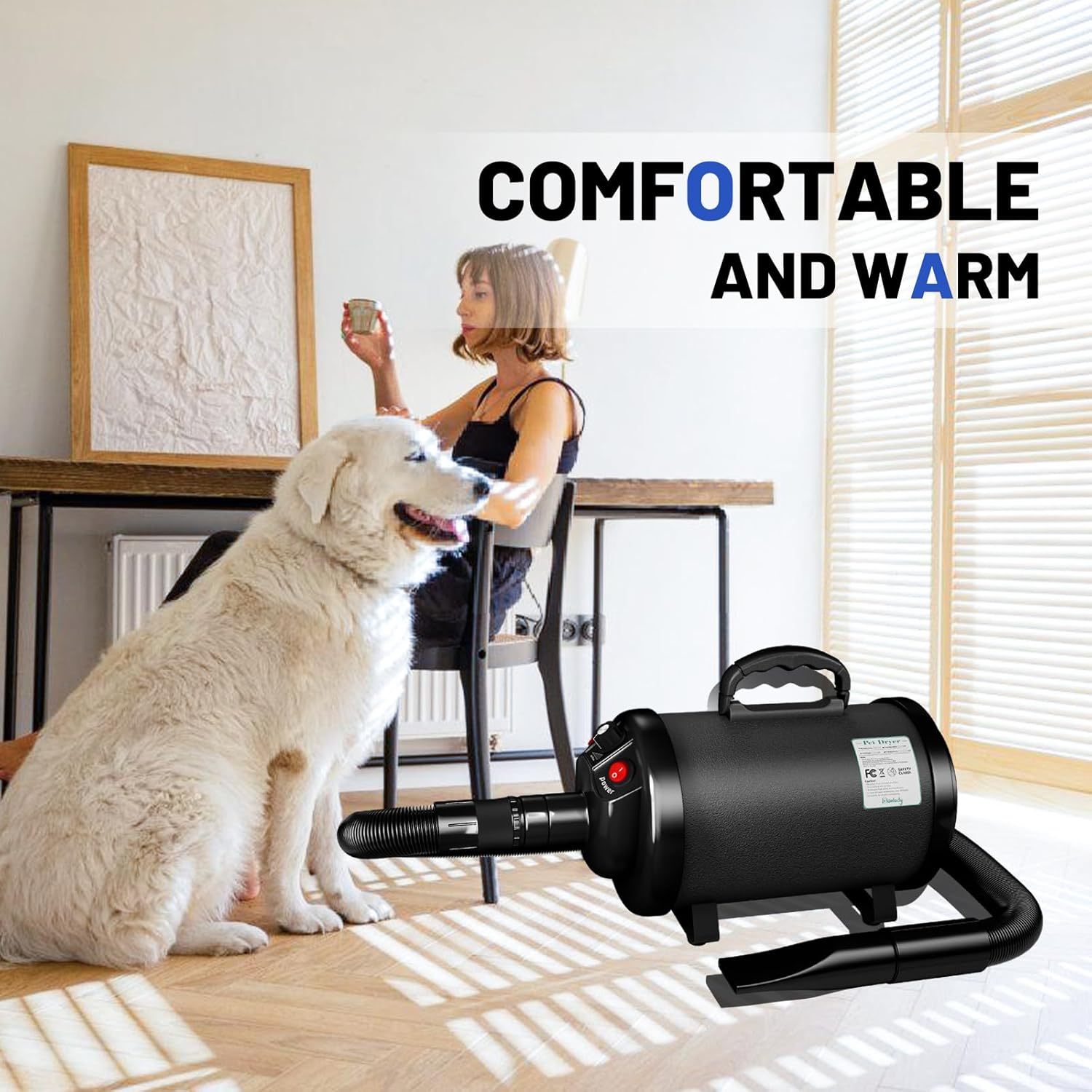 Imagen de Secador de Pelo para Perros Blower Muy silencioso 5,2 CV / 3800 W Motor de Velocidad Ajustable, para el Cuidado de Perros con 4 boquillas Diferentes Manguera elástica