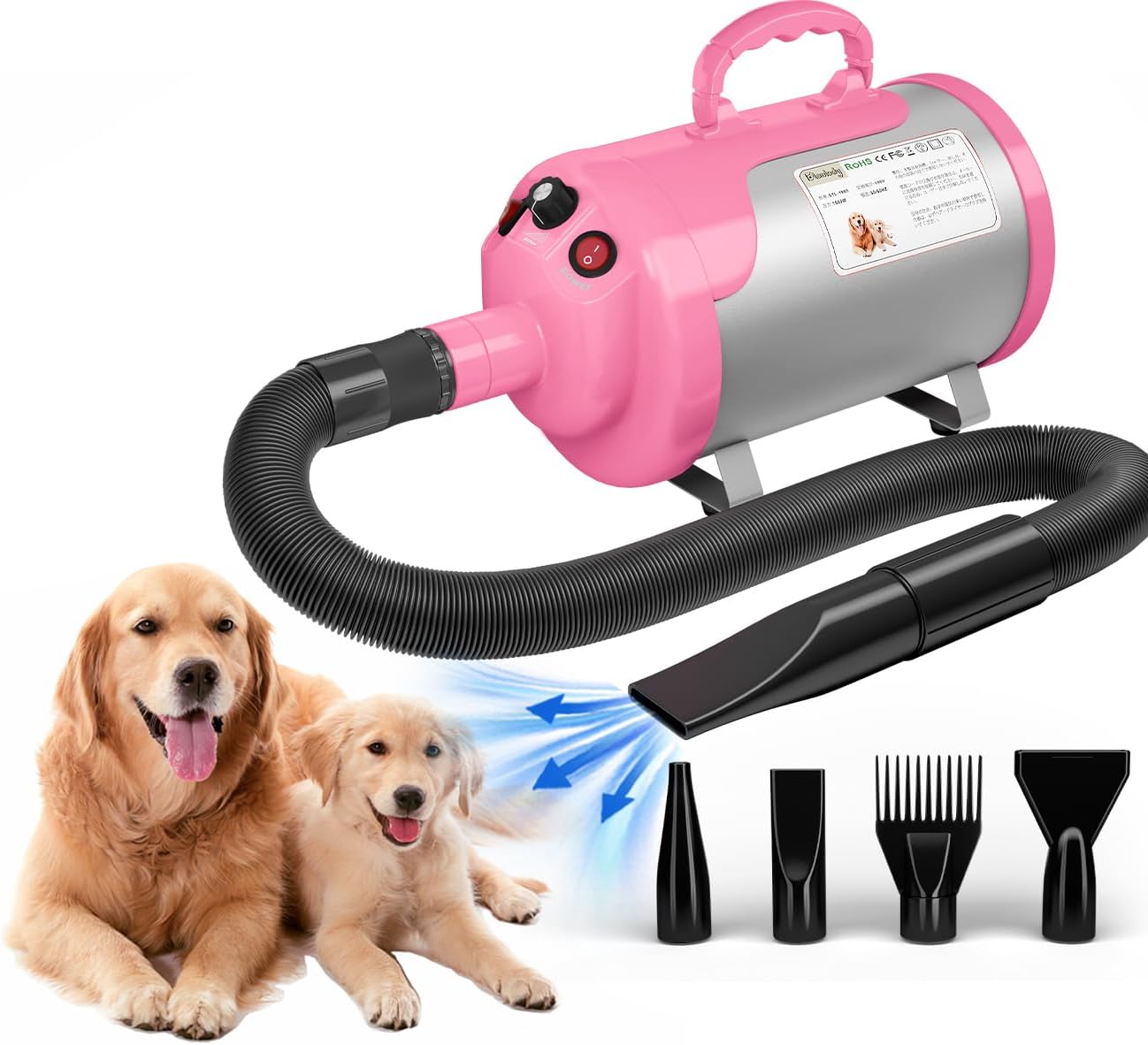 Imagen de Secador de Pelo para Perros Blower Muy silencioso 5,2 CV / 3800 W Motor de Velocidad Ajustable, para el Cuidado de Perros con 4 boquillas Diferentes Manguera elástica