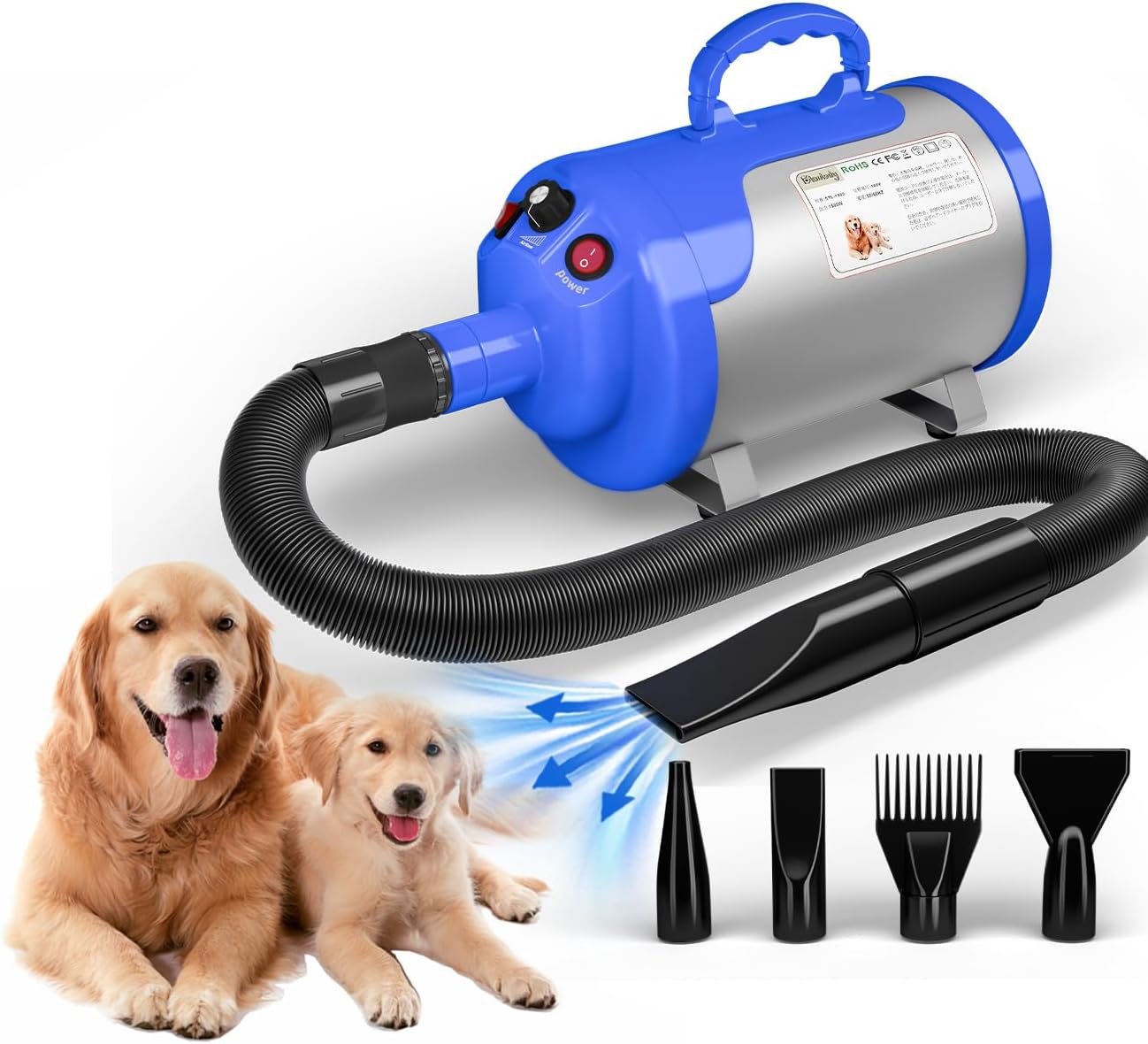 Imagen de Secador de Pelo para Perros Blower Muy silencioso 5,2 CV / 3800 W Motor de Velocidad Ajustable, para el Cuidado de Perros con 4 boquillas Diferentes Manguera elástica
