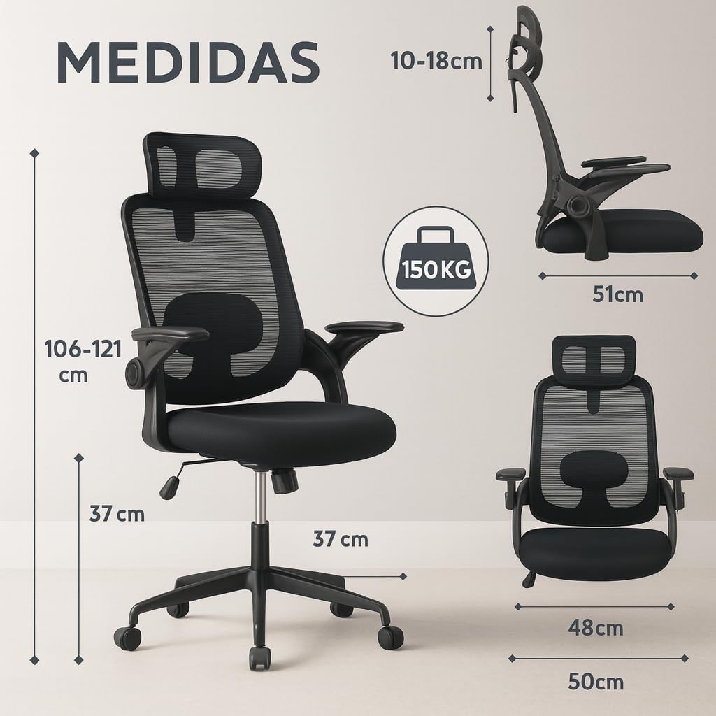 Imagen de Silla de Oficina | Escritorio o Estudio Ergonómica con Ruedas | Reposacabezas y Reposabrazos Ajustables | Soporte Lumbar | Respaldo de Malla Transpirable | Altura Regulable | Ideal casa o Trabajo