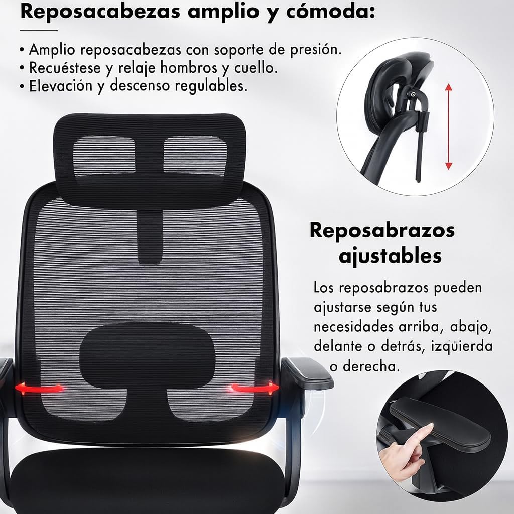 Imagen de Silla de Oficina | Escritorio o Estudio Ergonómica con Ruedas | Reposacabezas y Reposabrazos Ajustables | Soporte Lumbar | Respaldo de Malla Transpirable | Altura Regulable | Ideal casa o Trabajo