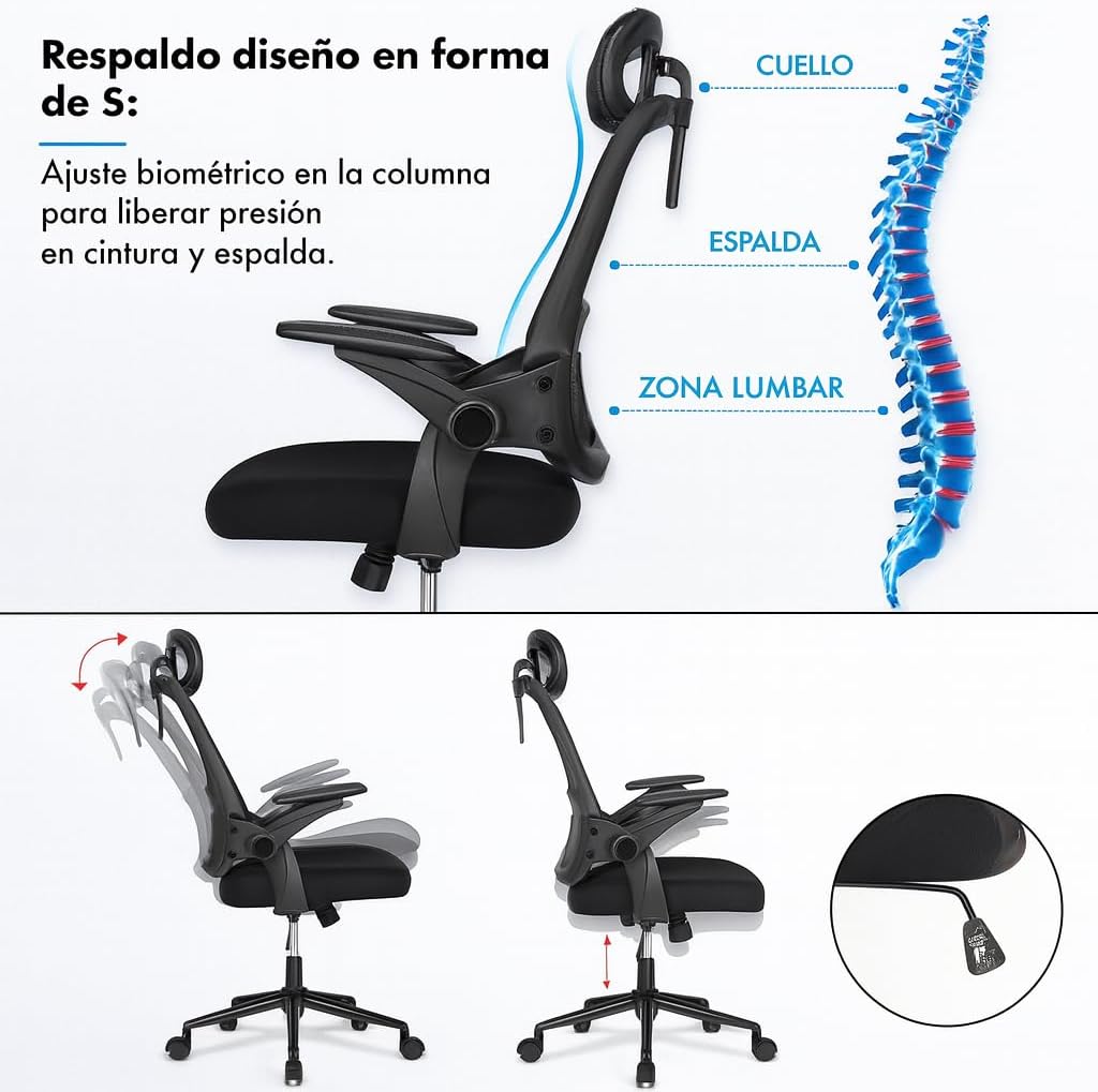 Imagen de Silla de Oficina | Escritorio o Estudio Ergonómica con Ruedas | Reposacabezas y Reposabrazos Ajustables | Soporte Lumbar | Respaldo de Malla Transpirable | Altura Regulable | Ideal casa o Trabajo