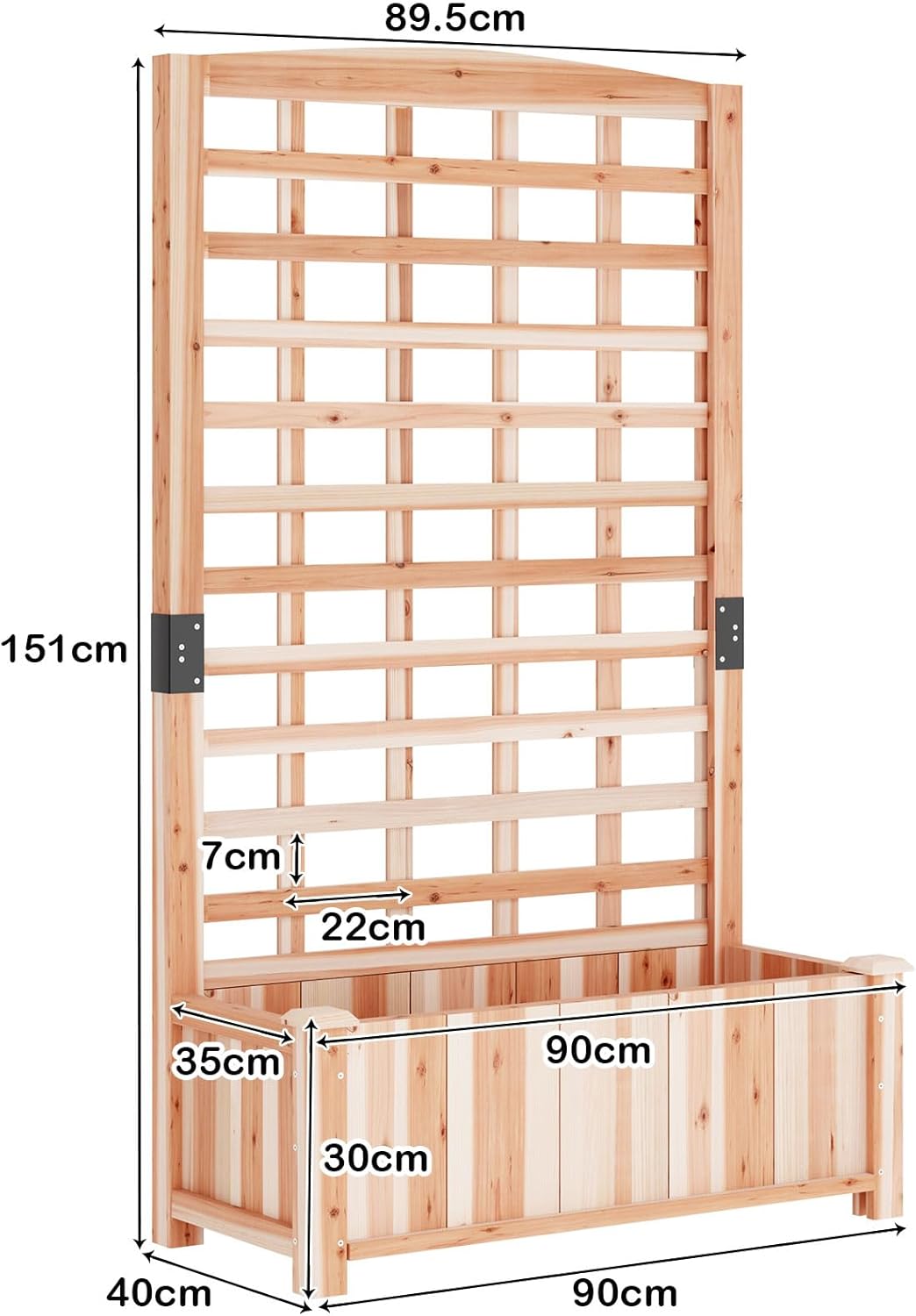 Imagen de soges Jardinera con enrejado, jardinera con enrejado y agujeros de drenaje, caja de madera natural, enrejado de jardín para plantas trepadoras, bancal de jardín para balcón o terraza, 90 × 40 × 151 cm