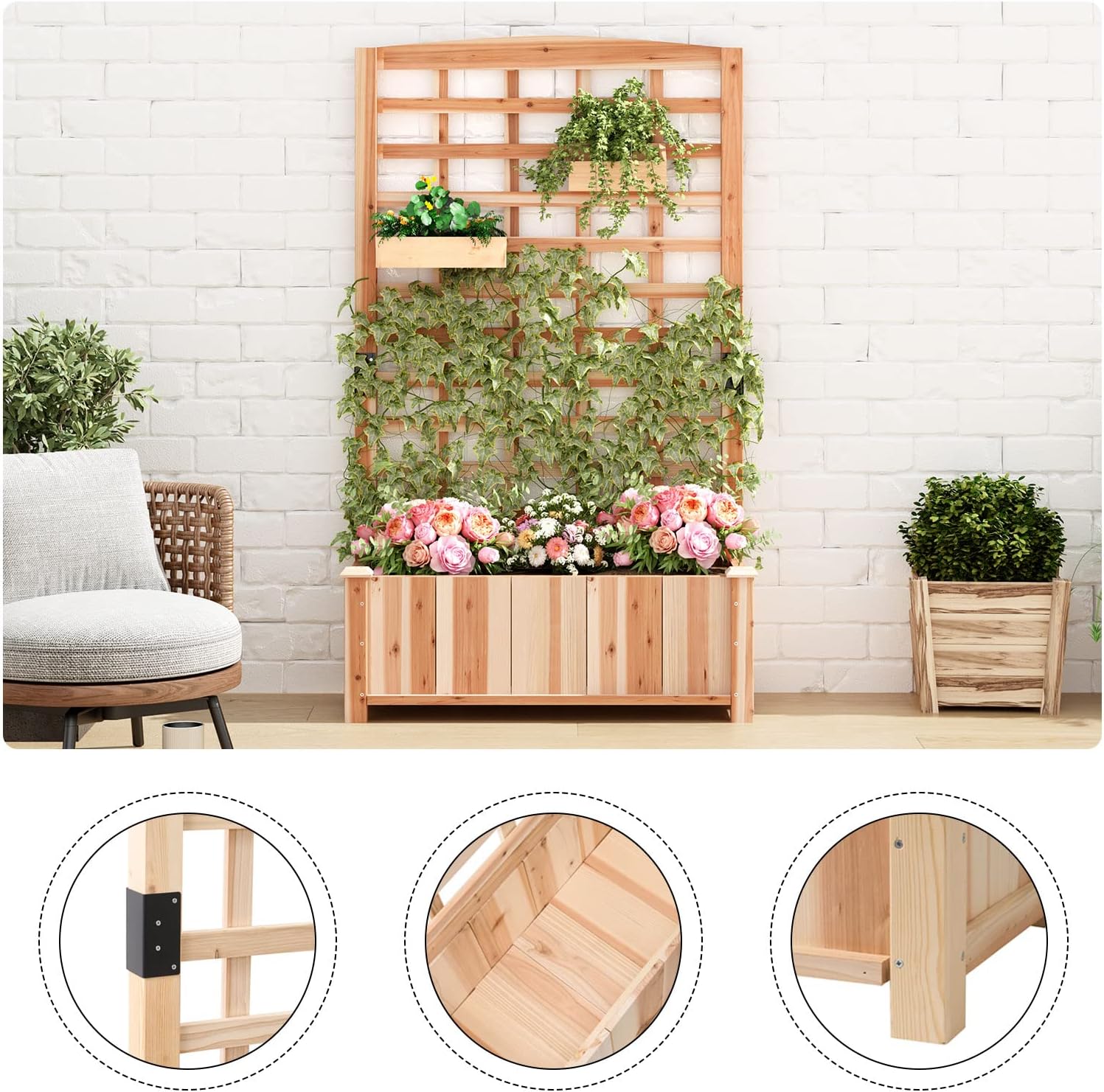 Imagen de soges Jardinera con enrejado, jardinera con enrejado y agujeros de drenaje, caja de madera natural, enrejado de jardín para plantas trepadoras, bancal de jardín para balcón o terraza, 90 × 40 × 151 cm