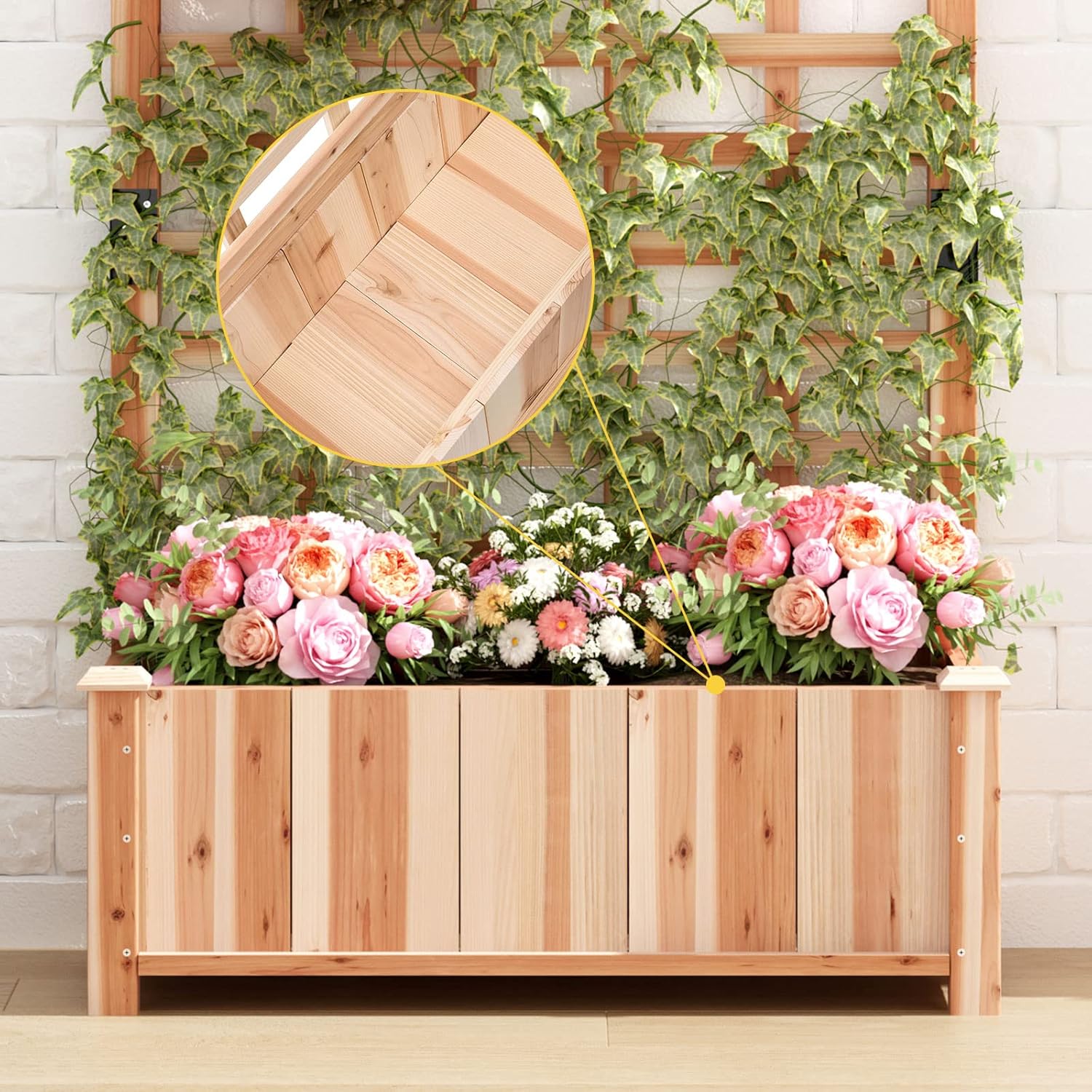 Imagen de soges Jardinera con enrejado, jardinera con enrejado y agujeros de drenaje, caja de madera natural, enrejado de jardín para plantas trepadoras, bancal de jardín para balcón o terraza, 90 × 40 × 151 cm