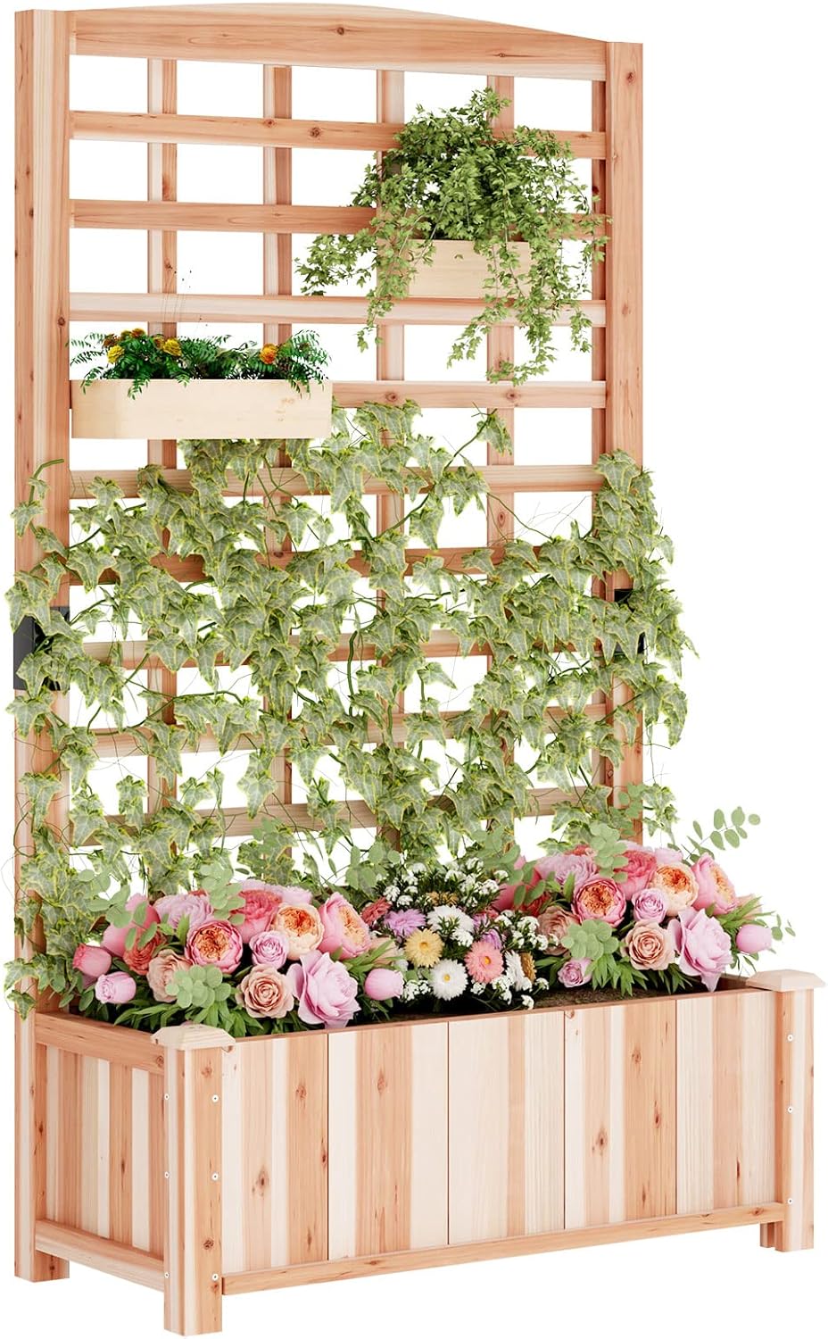 Imagen de soges Jardinera con enrejado, jardinera con enrejado y agujeros de drenaje, caja de madera natural, enrejado de jardín para plantas trepadoras, bancal de jardín para balcón o terraza, 90 × 40 × 151 cm