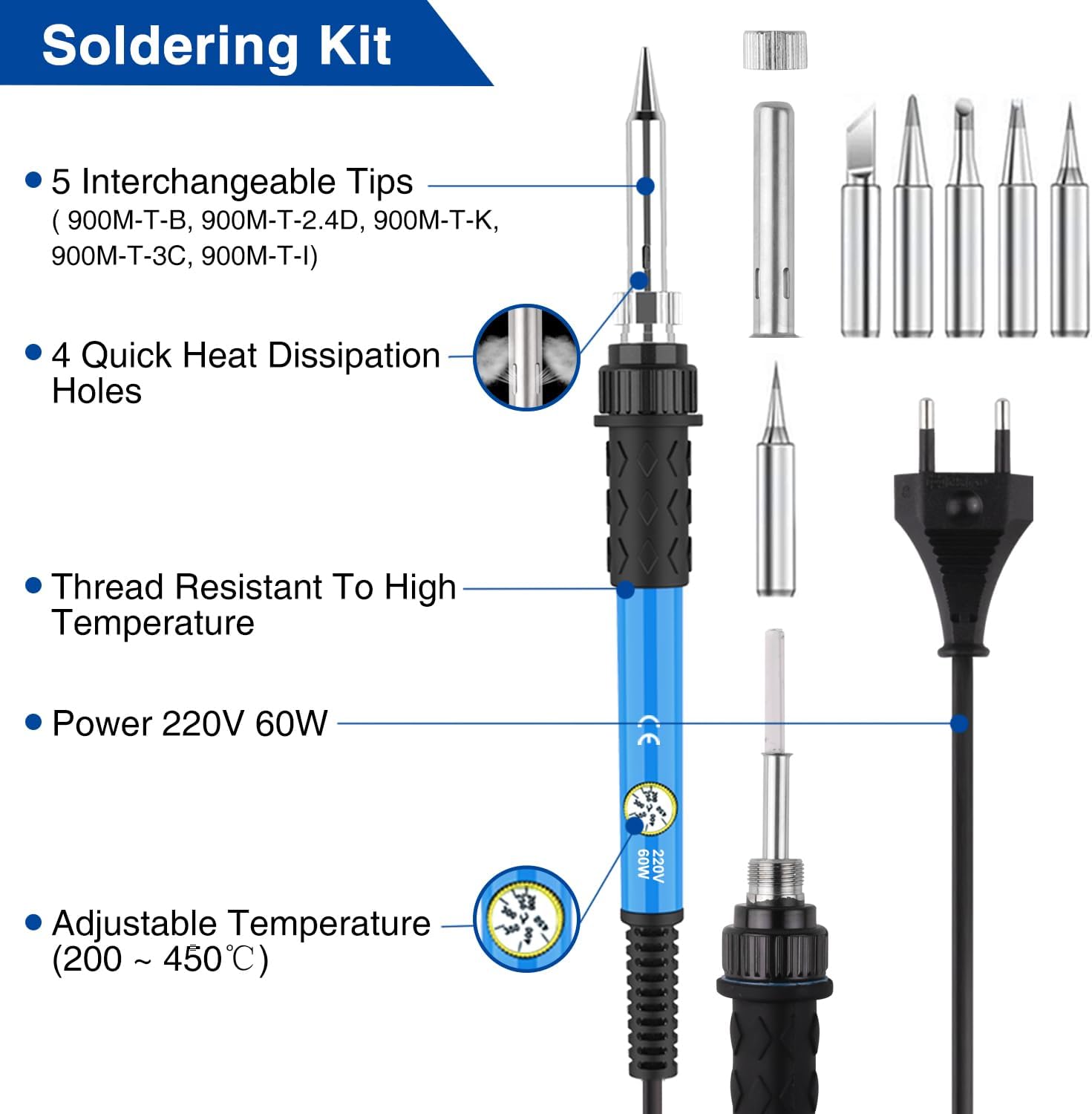 Imagen de Soldador Estaño Set 24 in 1 con Caja de Herramientas, 60W Kit Soldadura Eléctrónica con Multímetro Digital,Temperatura Ajustable 200-450℃,Puntas Soldador