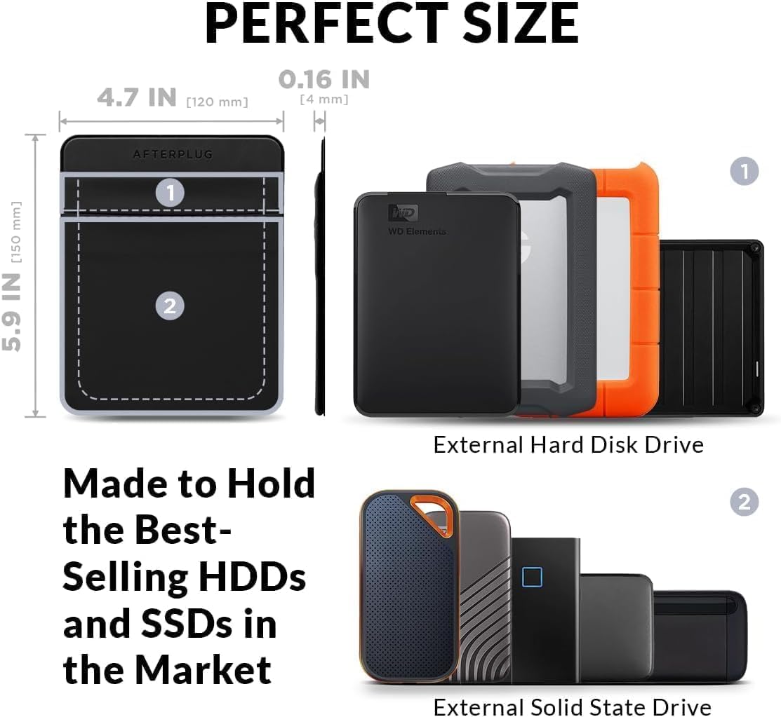 Imagen de Soporte adhesivo de 2 bolsillos para disco duro para laptop, bolsa de bolsillo adhesiva para SSD portátil externo, HDD, mouse delgado y cables (grande, se adapta a unidades SSD y unidades de