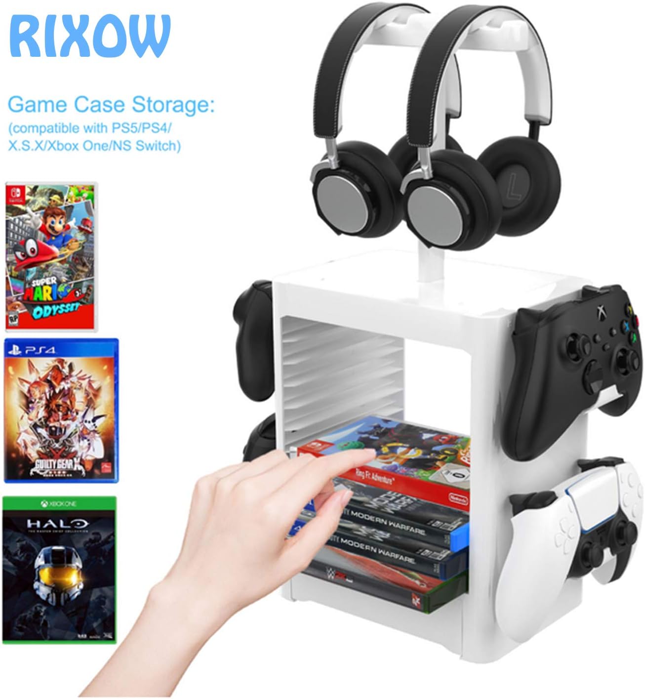 Imagen de Soporte Multifuncional de Almacenamiento de Juegos, Rack de Almacenamiento en Disco de 10 Juegos con Cajón, Soporte para Controlador Auricular Compatible con PS5 PS4 Xbox Series, Gris Claro
