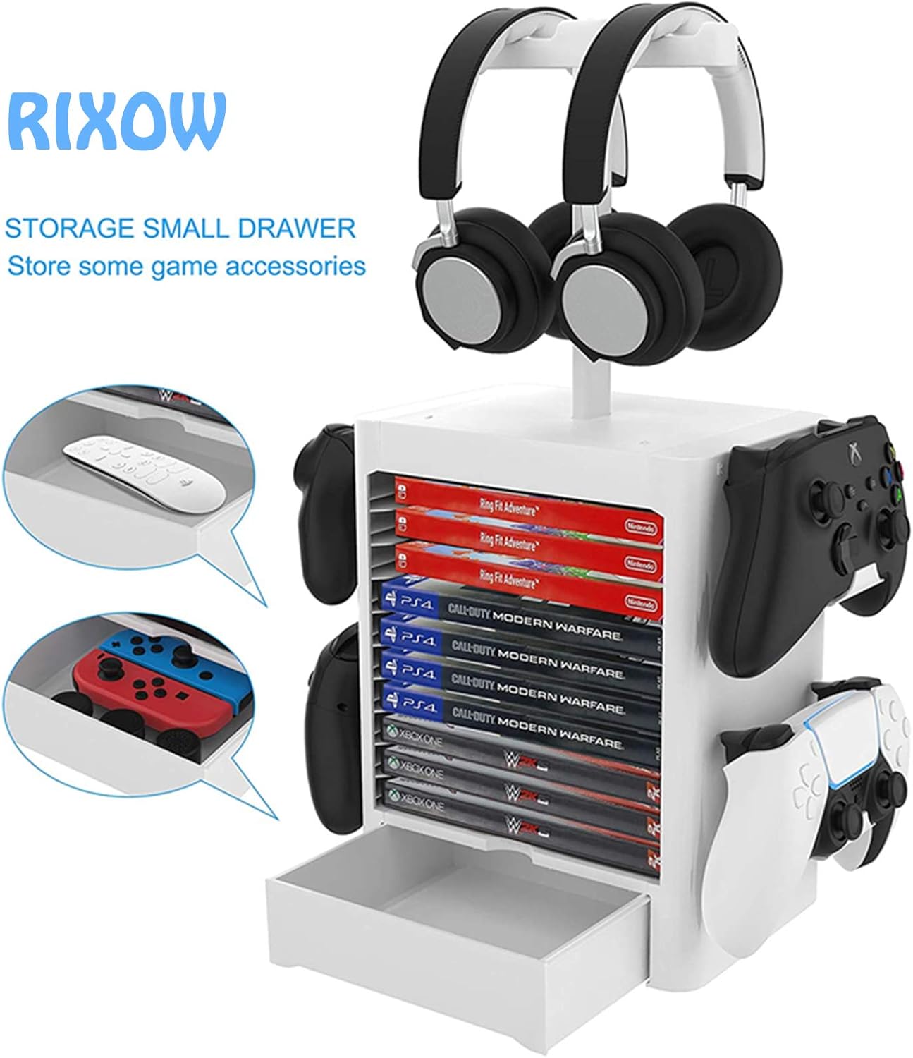 Imagen de Soporte Multifuncional de Almacenamiento de Juegos, Rack de Almacenamiento en Disco de 10 Juegos con Cajón, Soporte para Controlador Auricular Compatible con PS5 PS4 Xbox Series, Gris Claro