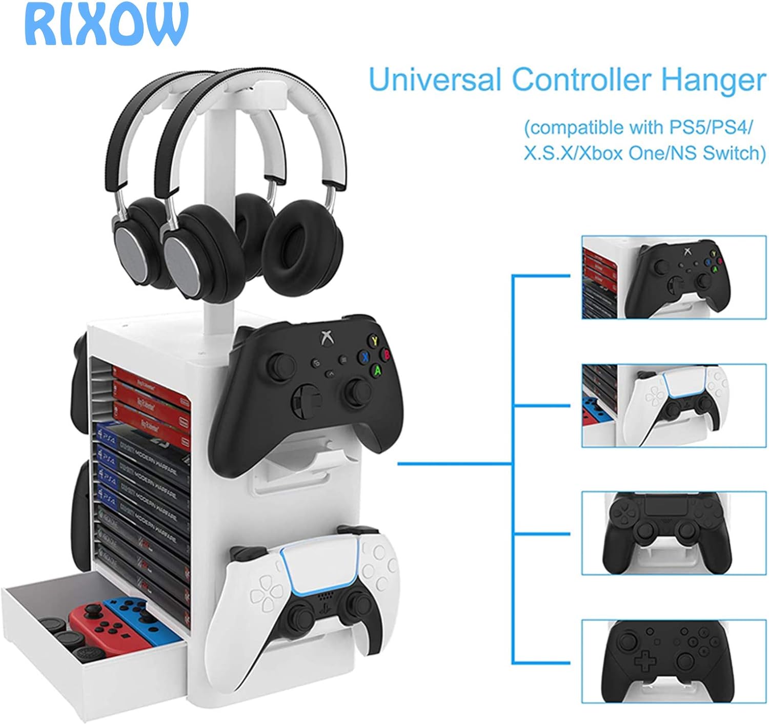 Imagen de Soporte Multifuncional de Almacenamiento de Juegos, Rack de Almacenamiento en Disco de 10 Juegos con Cajón, Soporte para Controlador Auricular Compatible con PS5 PS4 Xbox Series, Gris Claro