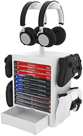 Imagen de Soporte Multifuncional de Almacenamiento de Juegos, Rack de Almacenamiento en Disco de 10 Juegos con Cajón, Soporte para Controlador Auricular Compatible con PS5 PS4 Xbox Series, Gris Claro