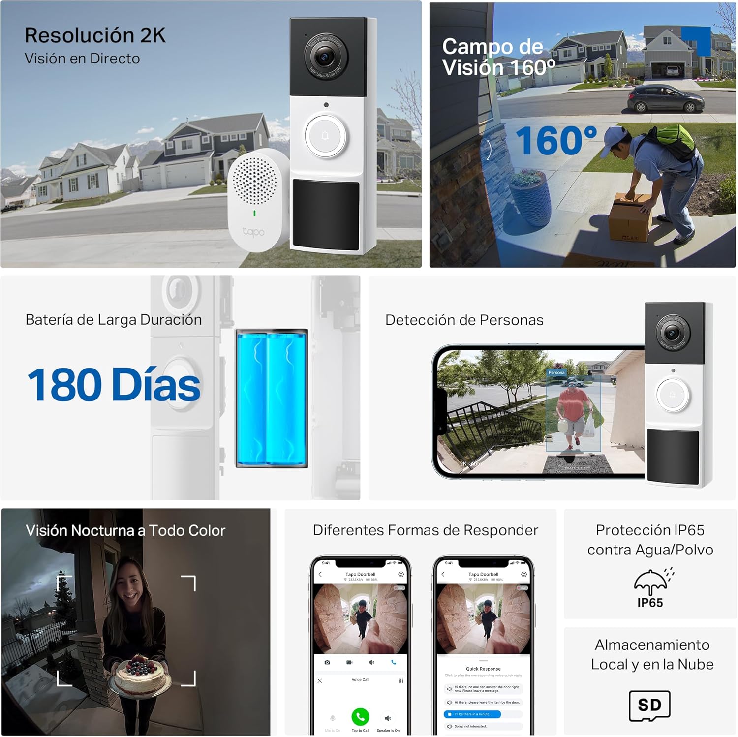 Imagen de Tapo D210 Timbre Inalámbrico con Cámara 2K, Timbre Videoportero WiFi Exterior Impermeable, Detección de Movimiento Inteligente, Visión Nocturna, Audio Bidireccional, Alerta, en Tarjeta SD/Nube