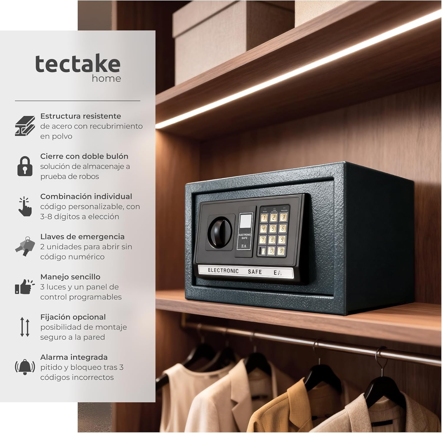 Imagen de tectake® caja fuerte pequeña con cerradura electronica, ideal para dinero, caja fuerte empotrable, cajas fuertes pequeñas, cajas de seguridad - 31 x 22 x 20 cm