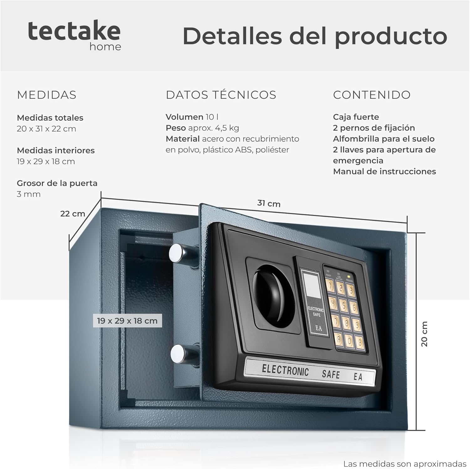 Imagen de tectake® caja fuerte pequeña con cerradura electronica, ideal para dinero, caja fuerte empotrable, cajas fuertes pequeñas, cajas de seguridad - 31 x 22 x 20 cm
