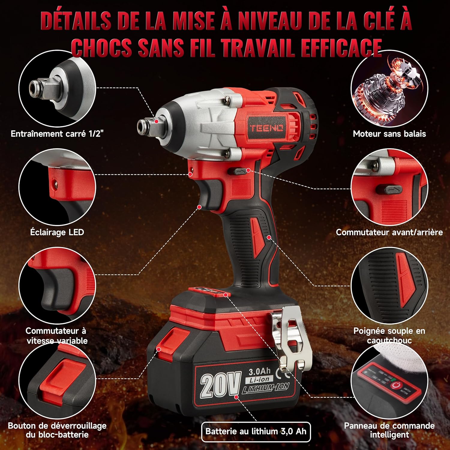 Imagen de TEENO - Llave de impacto, atornillador de impacto inalámbrico, diseño sin escobillas, 320 Nm, con batería de 3,0 Ah, para andamios y tornillos de llantas, juego que incluye 25 accesorios y una batería