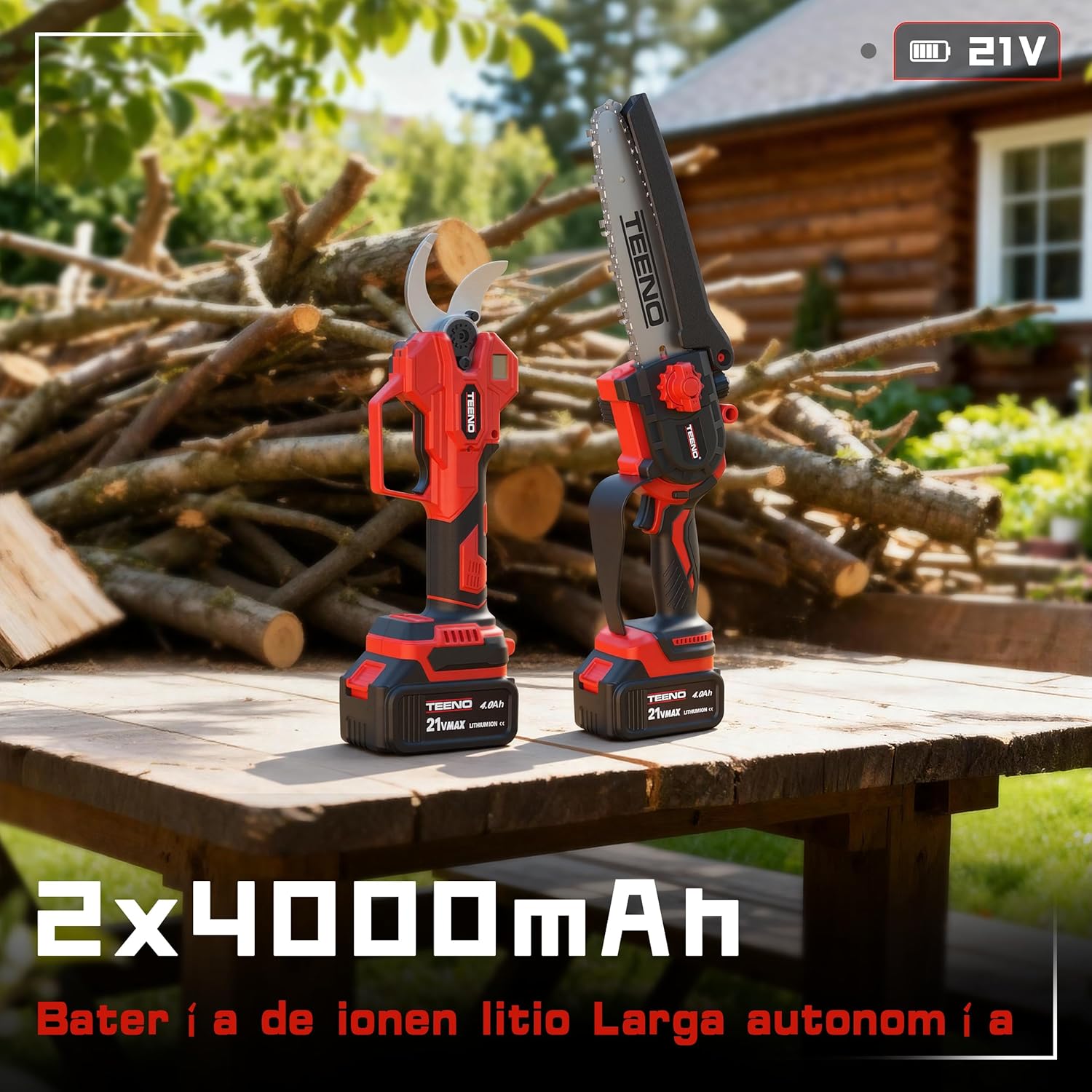 Imagen de TEENO Set Herramientas Jardinería 2 en 1: 6 Pulgadas Mini Motosierra a Batería + Tijeras Podar Eléctrica Inalámbrica 0-40mm, 2 Baterías 4.0 Ah, Cuchillas Acero SK5