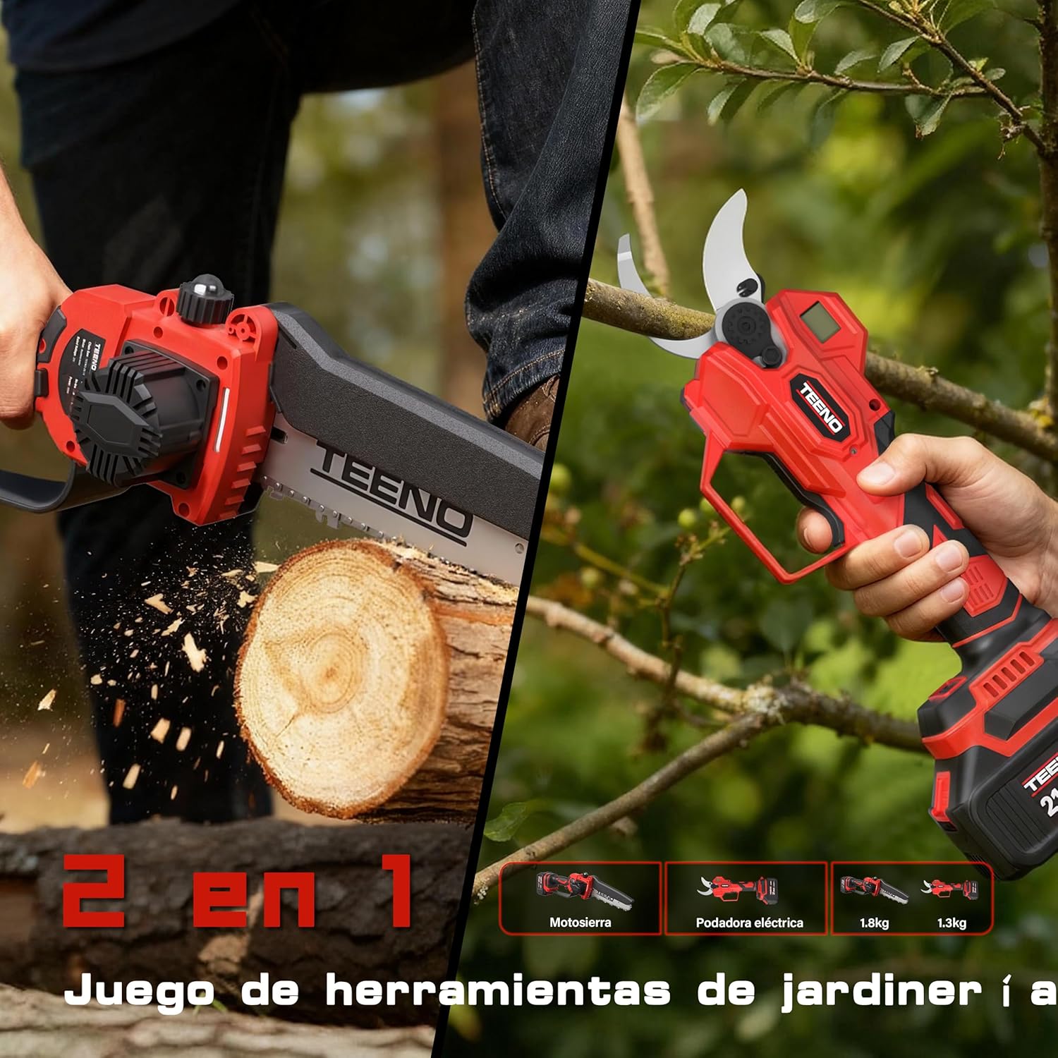 Imagen de TEENO Set Herramientas Jardinería 2 en 1: 6 Pulgadas Mini Motosierra a Batería + Tijeras Podar Eléctrica Inalámbrica 0-40mm, 2 Baterías 4.0 Ah, Cuchillas Acero SK5