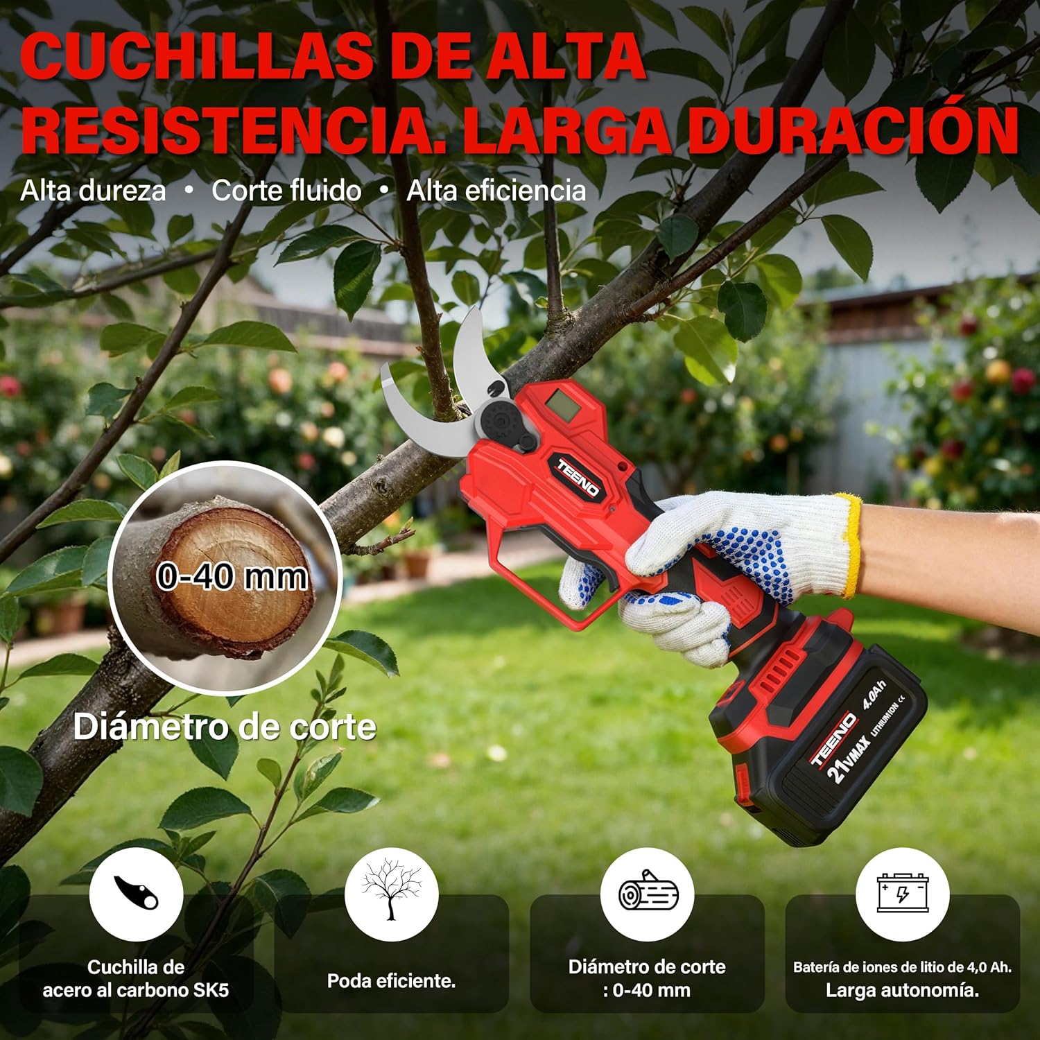 Imagen de TEENO Set Herramientas Jardinería 2 en 1: 6 Pulgadas Mini Motosierra a Batería + Tijeras Podar Eléctrica Inalámbrica 0-40mm, 2 Baterías 4.0 Ah, Cuchillas Acero SK5